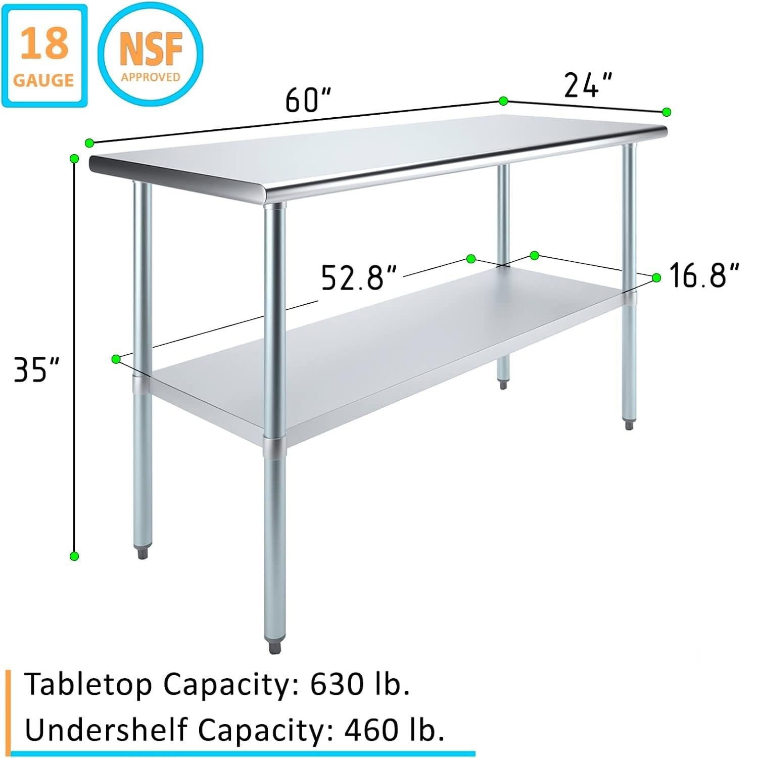 Heavy Duty Stainless Steel Prep Table with Galvanized Shelf and Legs