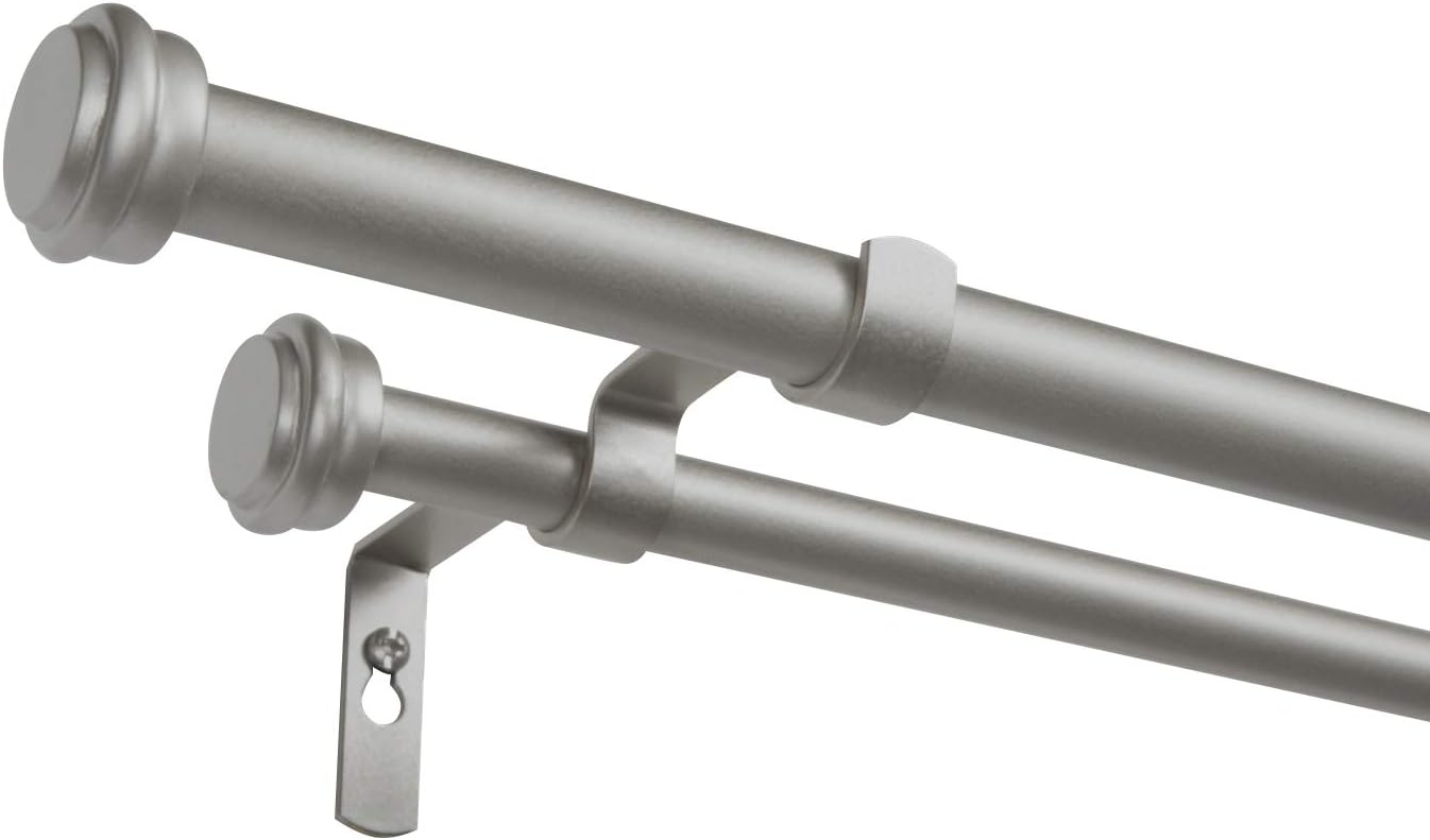 Exclusive Home Topper Double Curtain Rod and Finial Set, Matte Silver, 66"-120"