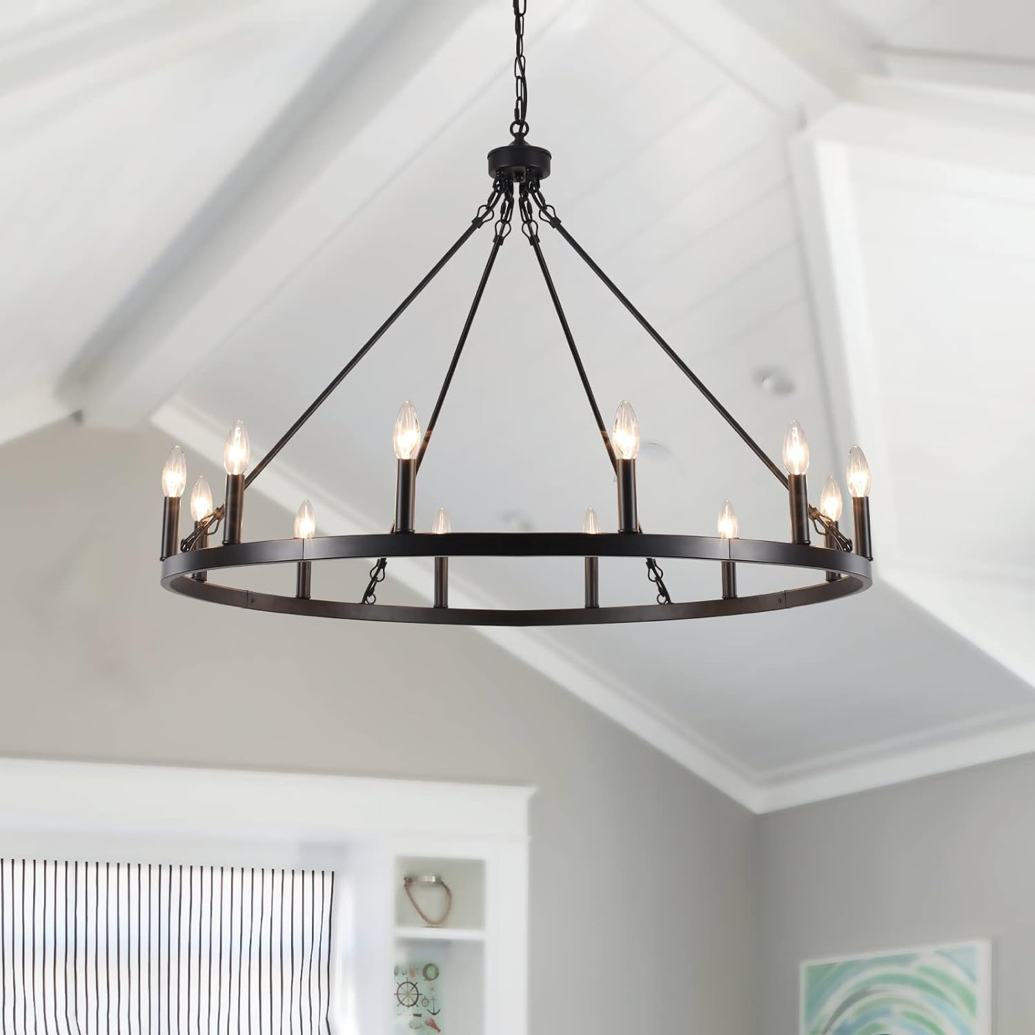 12-Light Black Farmhouse Candle Design Circle Iron Wagon Wheel Chandelier for Dining Room with No Bulbs Included
