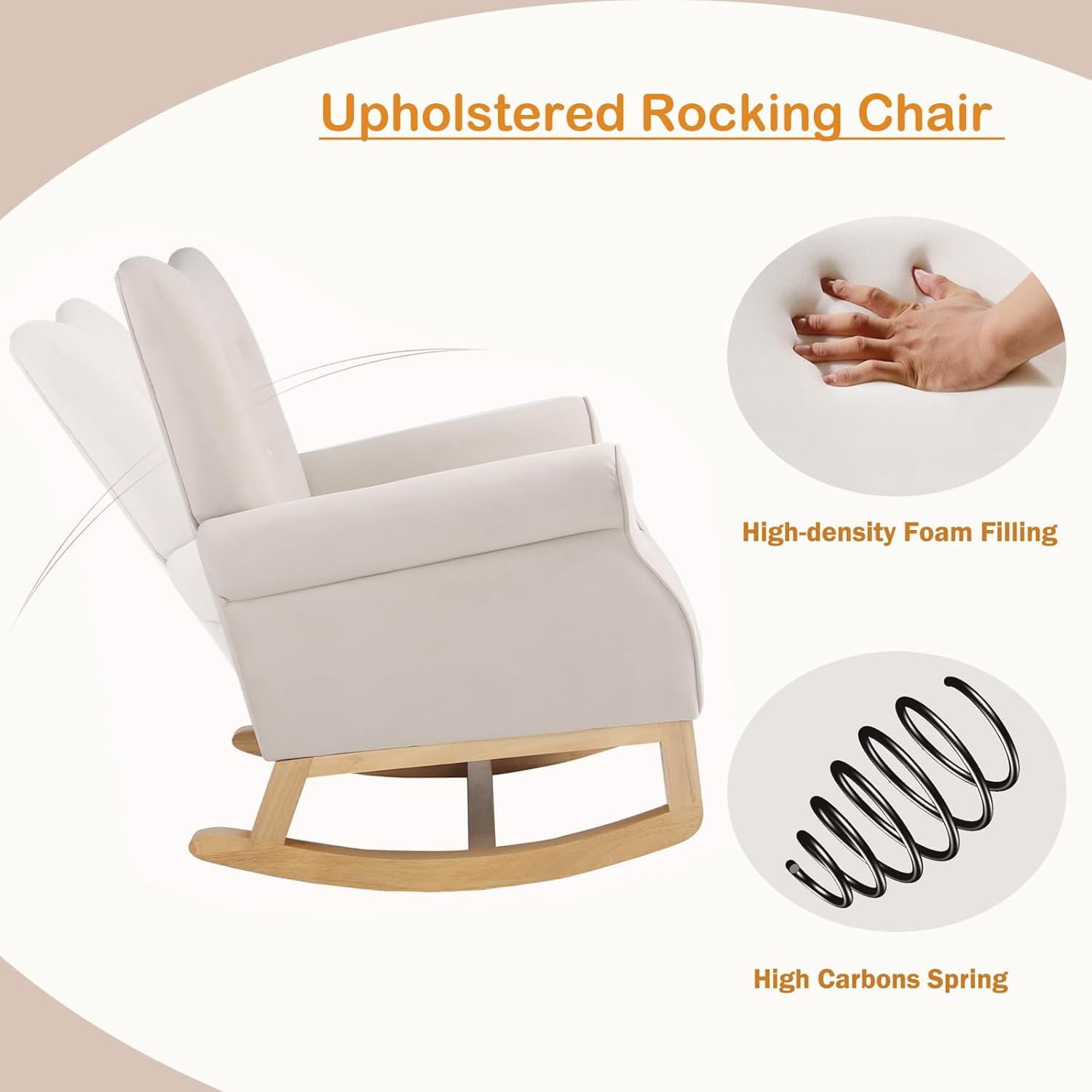 Velvet Nursery Glider Rocker with Comfy Armrest, Accent Rocking Chair with Solid Wood Legs for Baby (Beige)