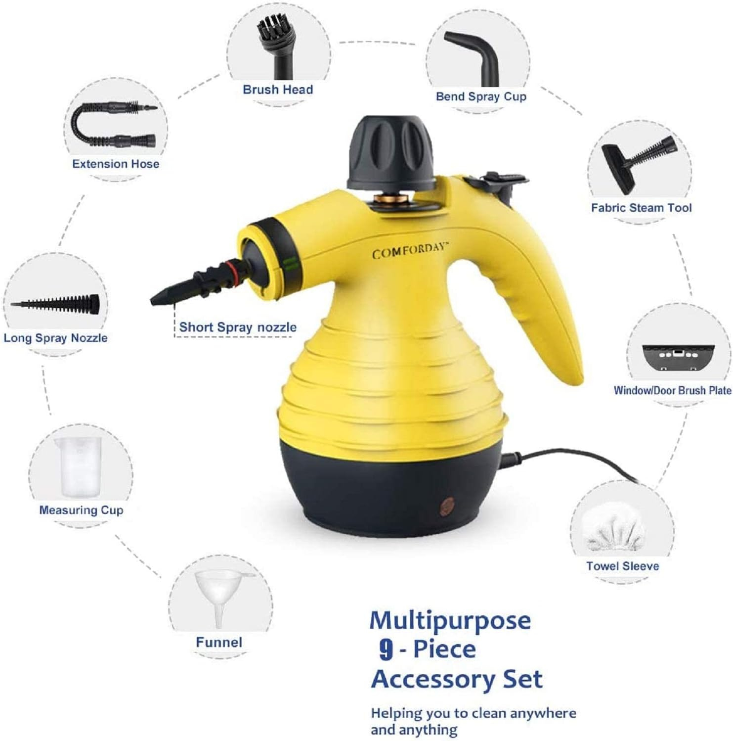 Comforday Multi-Purpose Handheld Pressurized Steam Cleaner with 9-Piece Accessories, Perfect for Stain Removal, Curtains, Car Seats, Floor, Carpet, Window Cleaning