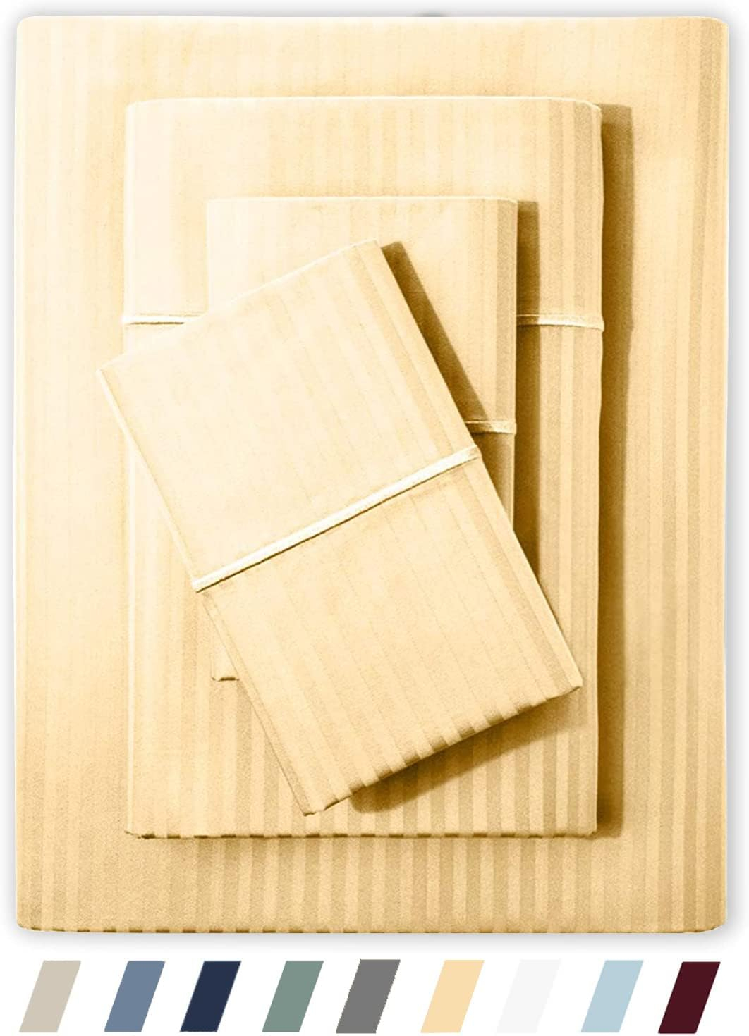 Feather & Stitch 500 TC Split King Size Sheet Set, 5 Piece Bed Sheets Set-2 Twin Fitted Sheet, 1 King Flat Sheet & 2 King Pillowcases, 18" Deep Pockets Sateen Weave Striped Bedsheet - (Semolina)