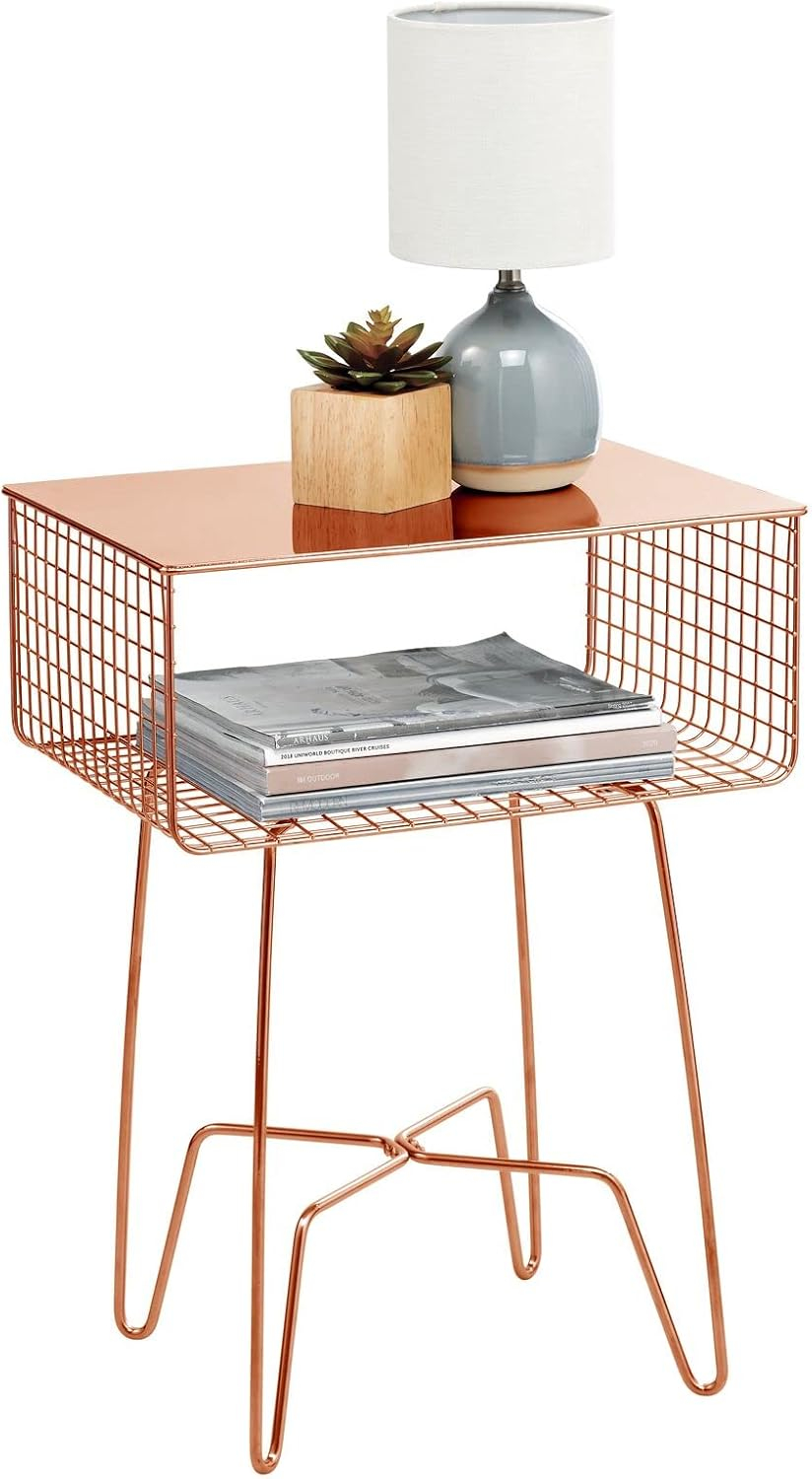 mDesign Steel Side Table Nightstand with Storage Shelf Basket for Bedroom, Living Room, Home Office; Rustic Bedside End Table, Industrial Modern Accent Furniture - Concerto Collection - Rose Gold
