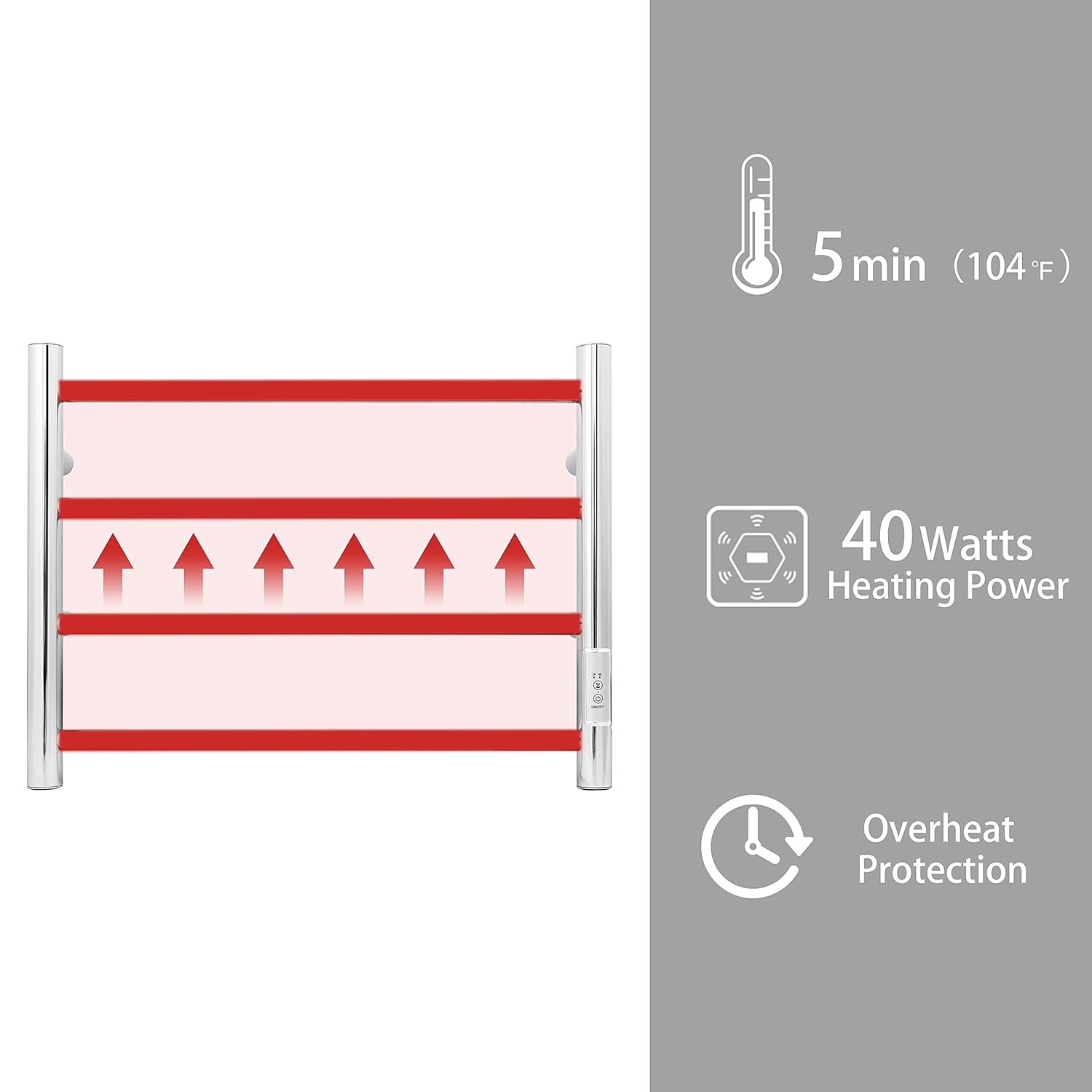 KEG Towel Warmer Wall Mounted with Built-in Timer 4 Bars Electric Stainless Steel Heated Towel Racks for Bathroom, Hot Plug-in Bath Towel Heater Polish Chrome
