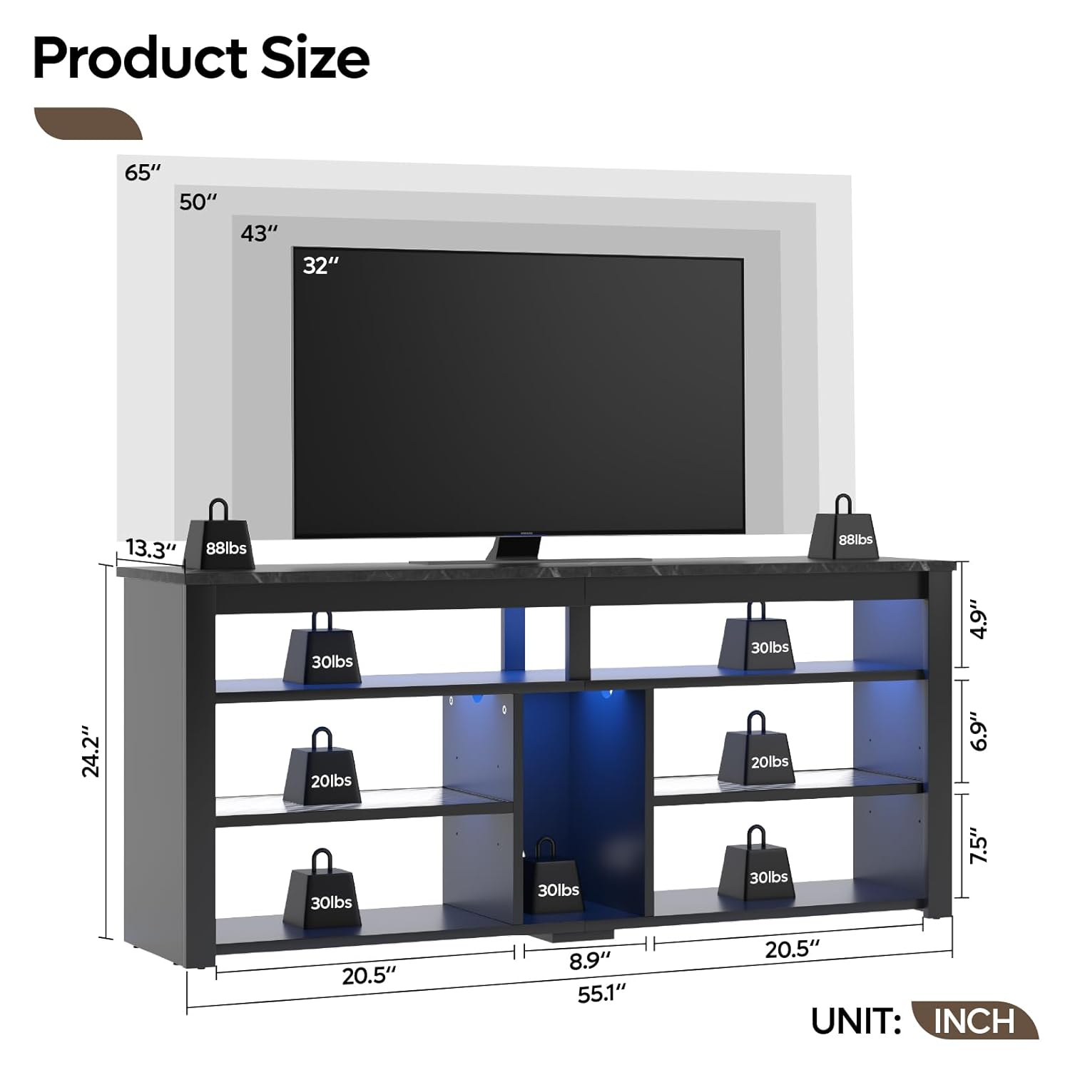 Bestier LED Tall Entertainment Center, 55/60/65 inch TV Stand with Storage for PS5 Xbox, Adjustable Shelf Media Console for Living Room, Black Marble