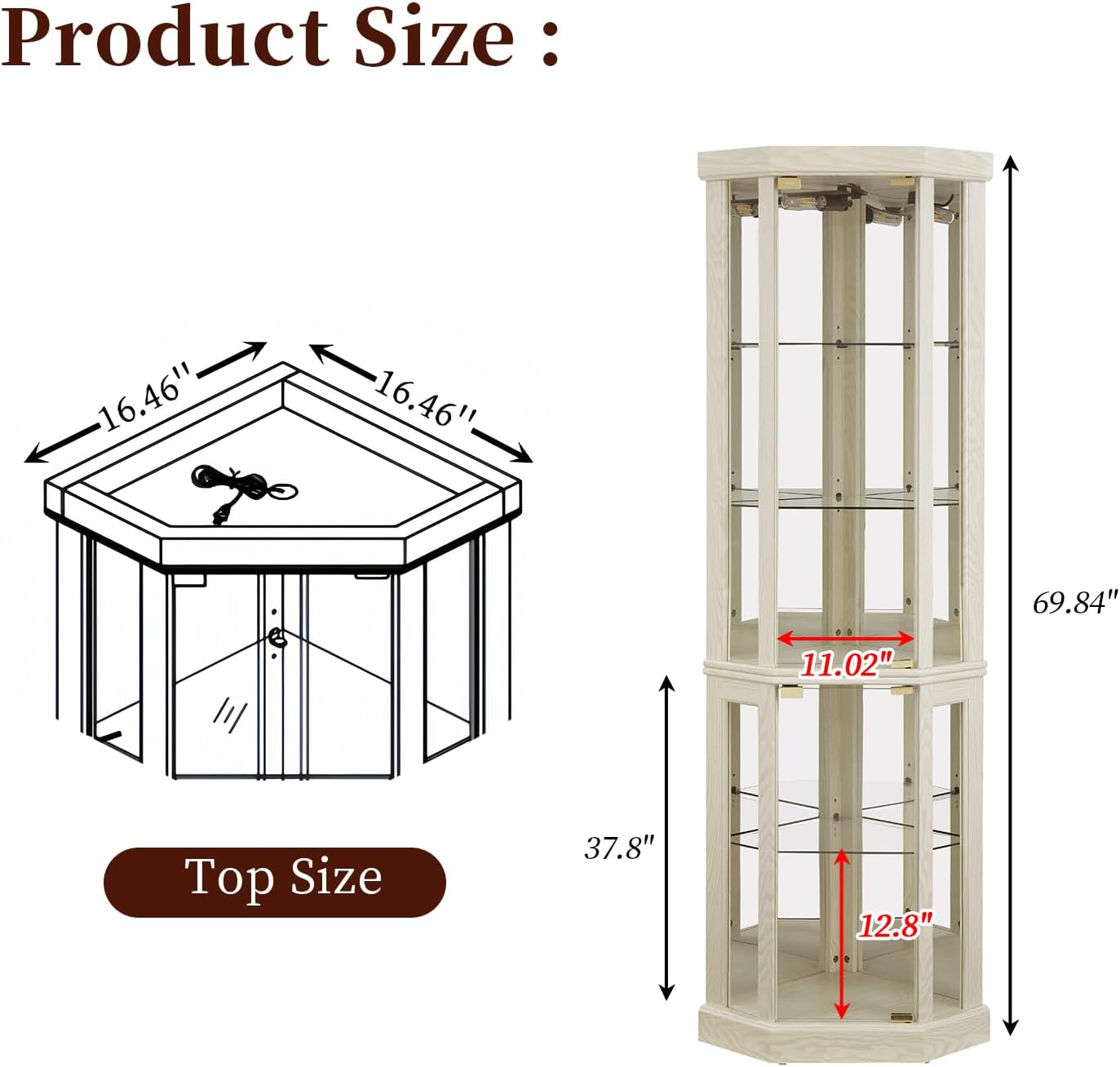 Lighted Corner Curio Cabinet,Corner Display Cabinet with Tempered Glass Doors Mirrored Back Panel Adjustable Shelves,16.46" L X 16.46" W X 69.84" H(Antique White)