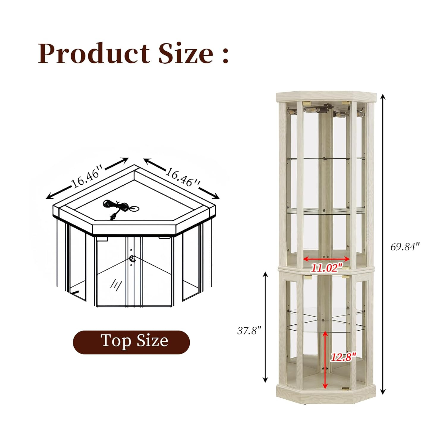 Lighted Corner Curio Cabinet,Corner Display Cabinet with Tempered Glass Doors Mirrored Back Panel Adjustable Shelves,16.46" L X 16.46" W X 69.84" H(Antique White)