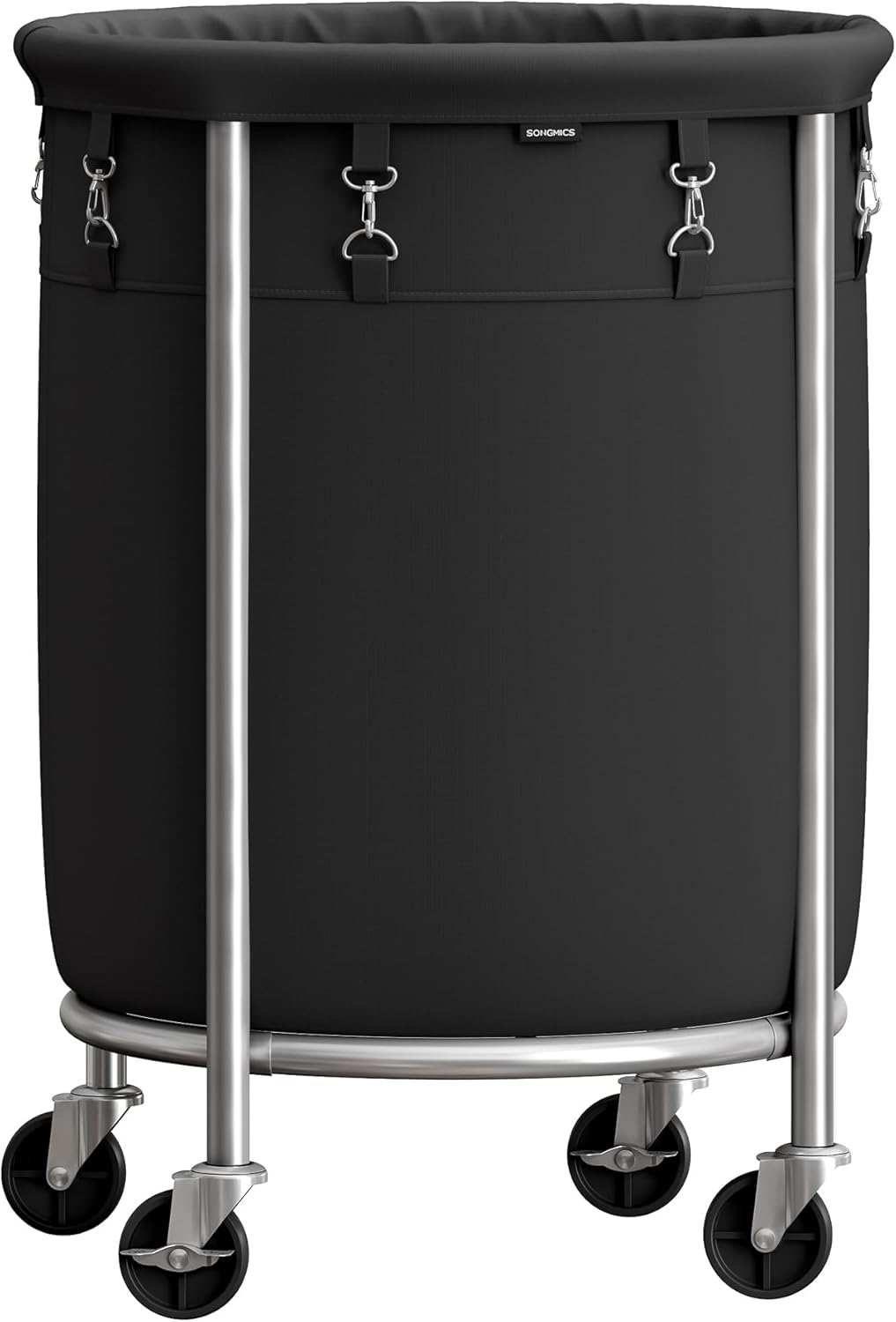 SONGMICS Laundry Basket with Wheels, Rolling Laundry Hamper, 18.5 Gal., Round Laundry Cart with Steel Frame and Removable Bag, 4 Casters and 2 Brakes, Black and Silver URLS006B01