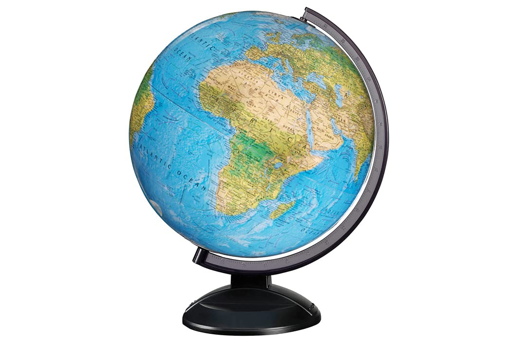 Replogle Ready to Assemble World 12" Diameter Globe, USA Cartography, Modern Acrylic Globe Stand and Blue Ocean Globe Ball. Easy to assemble globe that shows both Political and Vegetative information including political borders and provincial borders, major ocean currents, detailed lakes, rivers, tributaries and canals.