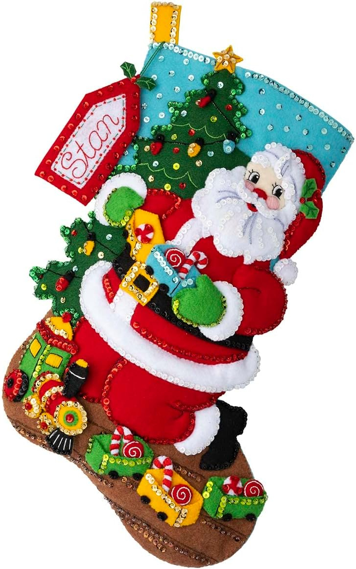 Bucilla Felt Applique 18" Christmas Stocking Kit, Toy Train Santa