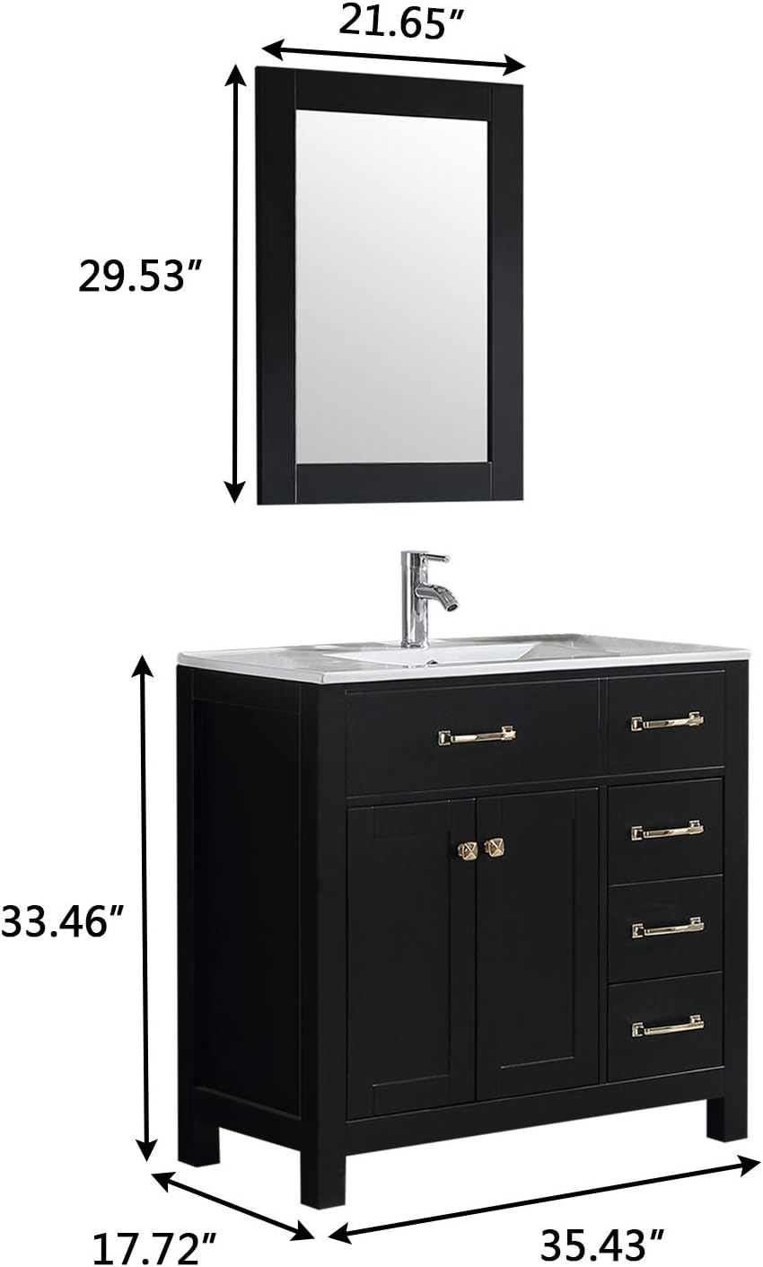 Wonline 36" Luxurious Bathroom Vanity with Sink Combo Set,Free Standing Bathroom Vanity Cabinet w/Thickened Wood, Faucet, Painted Surface, Mirror, Black