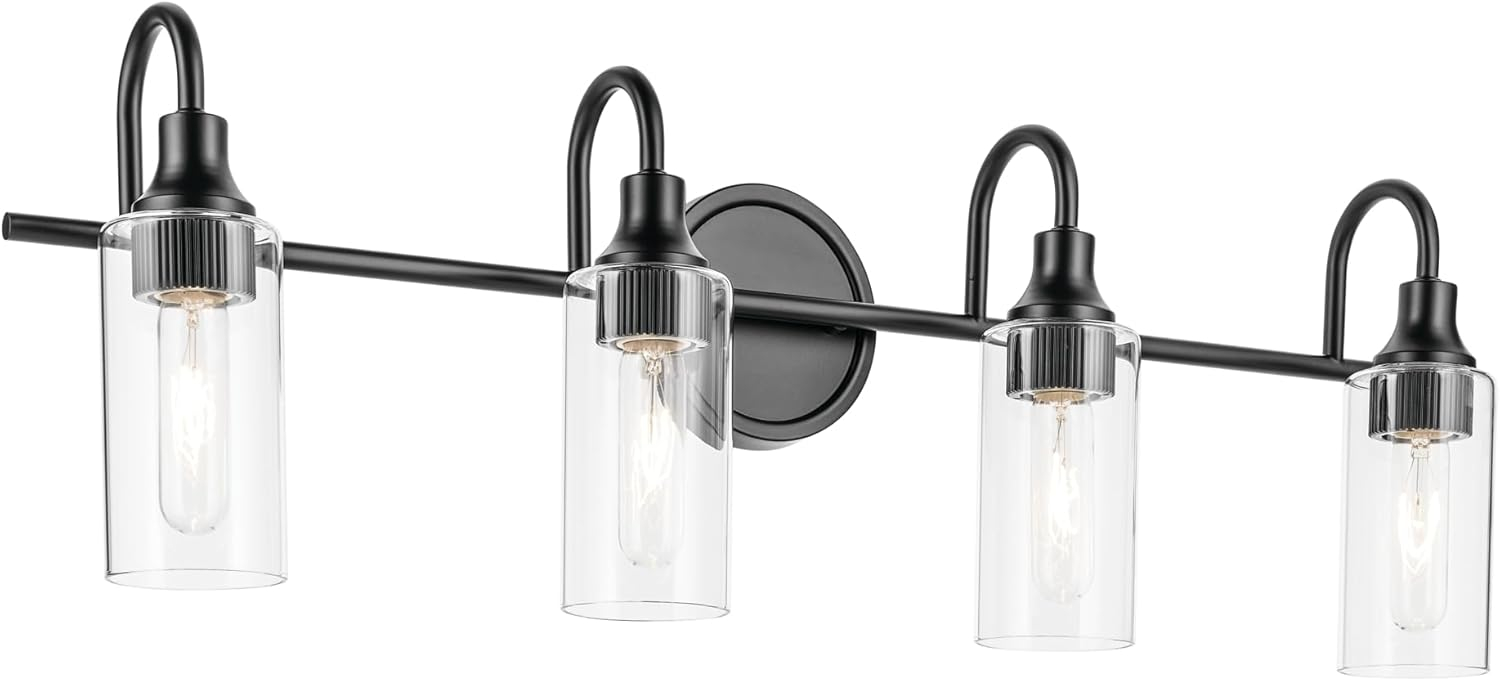 Kichler Kavi 31.5" 4-Light Vanity Light with Clear Glass in Black, Damp Rated, for Bathroom, Powder Room, Over a Mirror, (31.5" W x 10" H), 55212BK