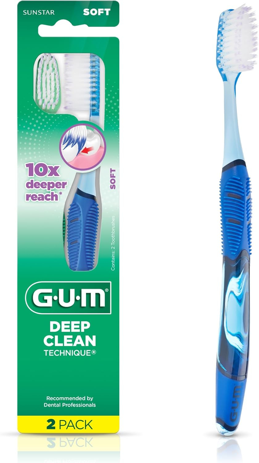 GUM Technique Deep Clean Toothbrush - Full Head - Soft Toothbrushes for Adults -Soft, Ultra Fine Tapered Bristles, Recommended by Dental Professionals, 2 Count