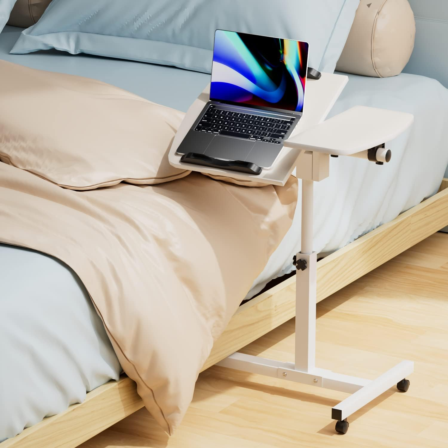MoNiBloom Mobile Laptop Desk Standing Desk with Wheels & Tilting Tabletop, Height Adjustable Sit Stand Computer Workstation, White