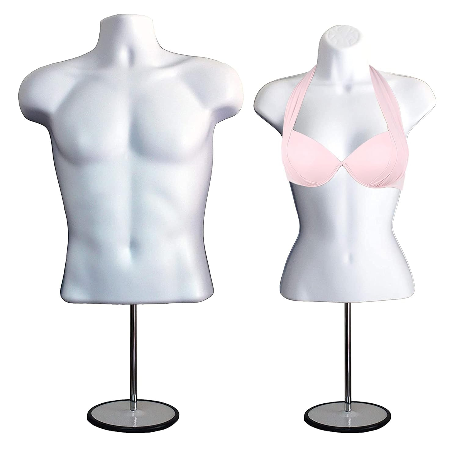 DisplayTown White Male + Female Mannequin Hollow Back Body Torso Set w/ Metal Stand and Metal Pole & Hanging Hook, S-M Sizes