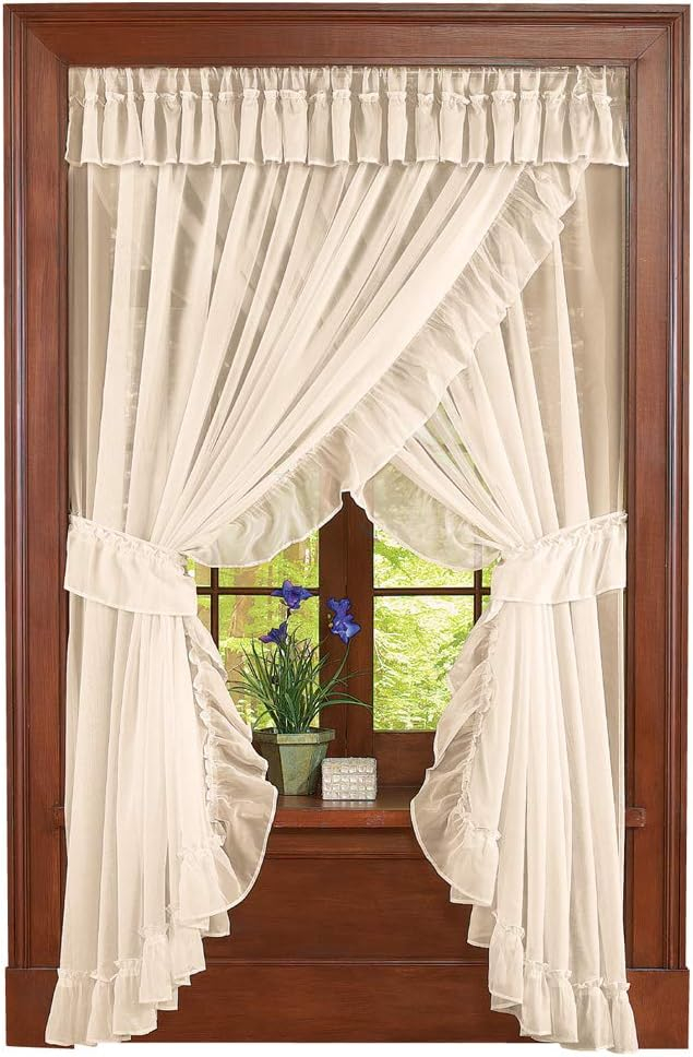 Collections Etc Isabella Ruffled Sheer Fabric Rod Pocket Window Curtain Set, Cream