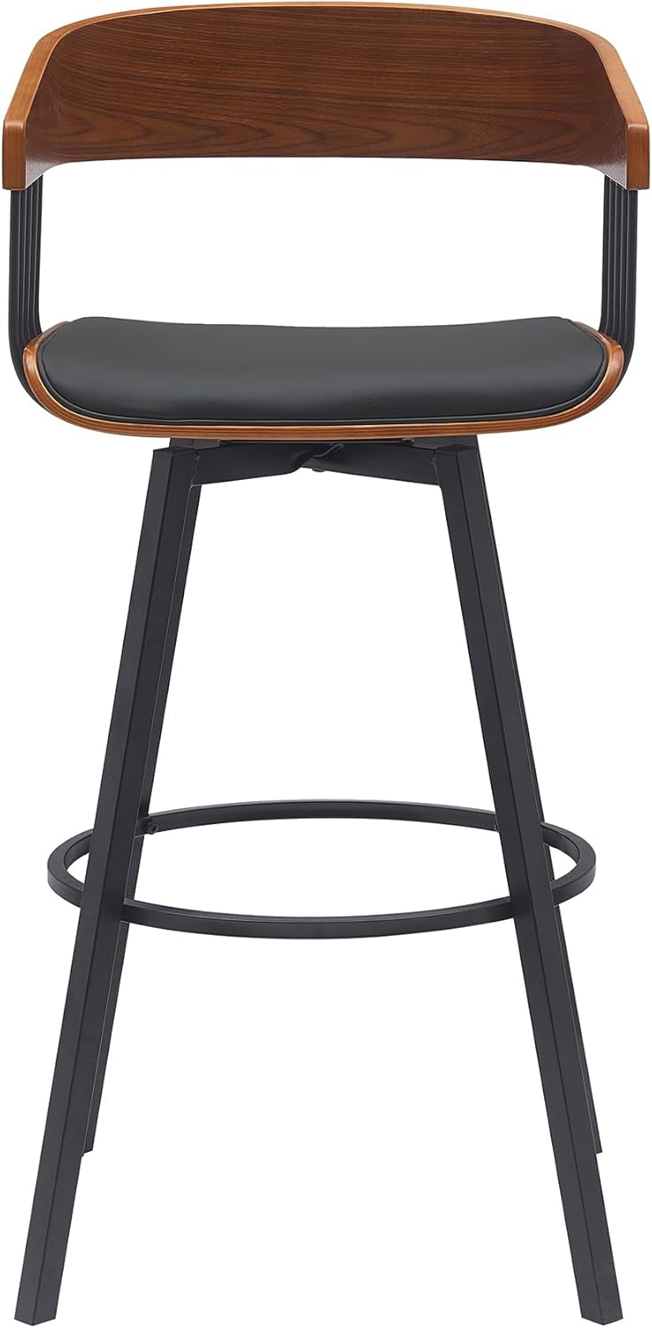 Armen Living Indoor Athena 31" Swivel Walnut Wood Bar Stool in Black Faux Leather with Black Metal