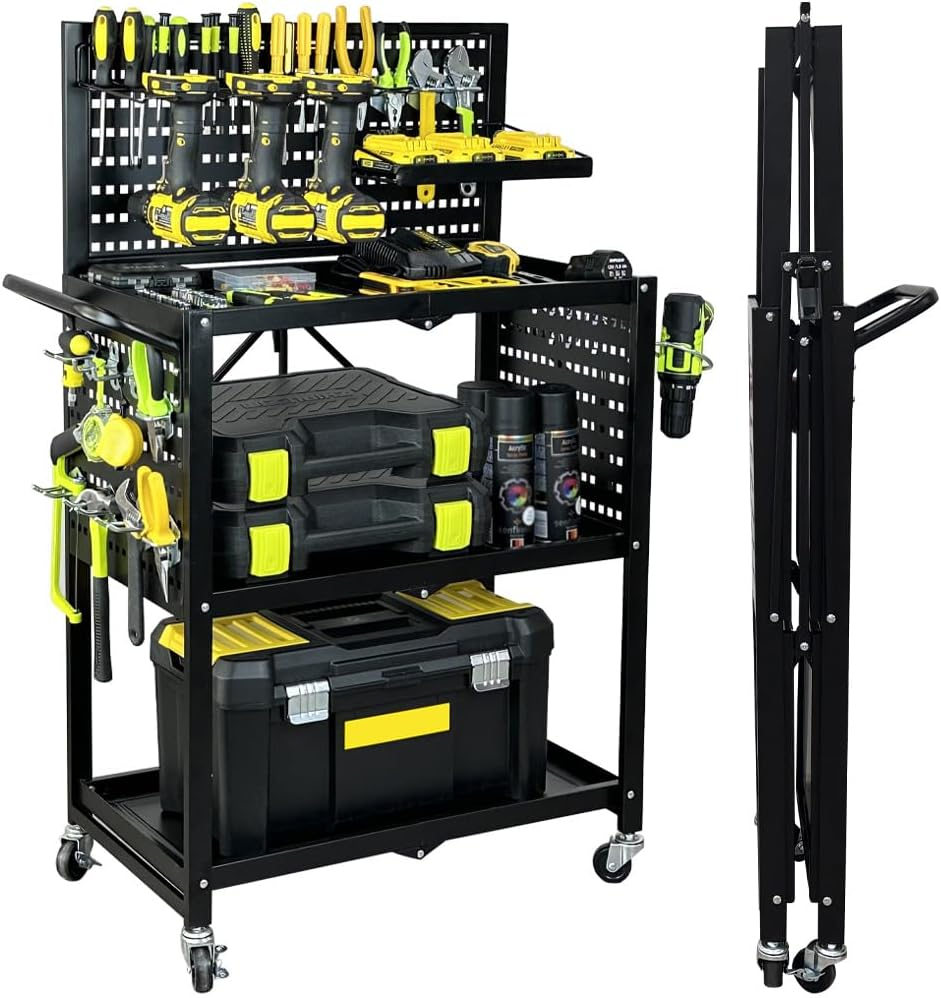 Lumizone 3-Tier Foldable Rolling Tool Cart with Wheels, Utility Cart with Pegboard and Hooks for Garage Organizer and Tool Storage, Power Tool Storage Cart on Wheels (Tool Cart+Hooks)