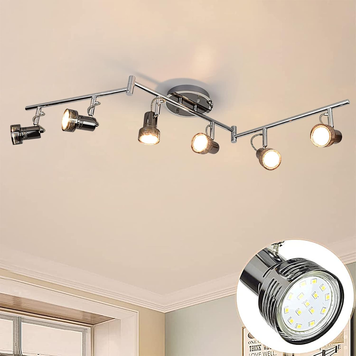 Depuley 6-Light Modern LED Track Ceiling Spotlight, Directional Flush Mount Foldable Ceiling Track Light Kit Rotatable Heads and Swing Arms for Living Room Kitchen Dining, GU10 Bulb Include