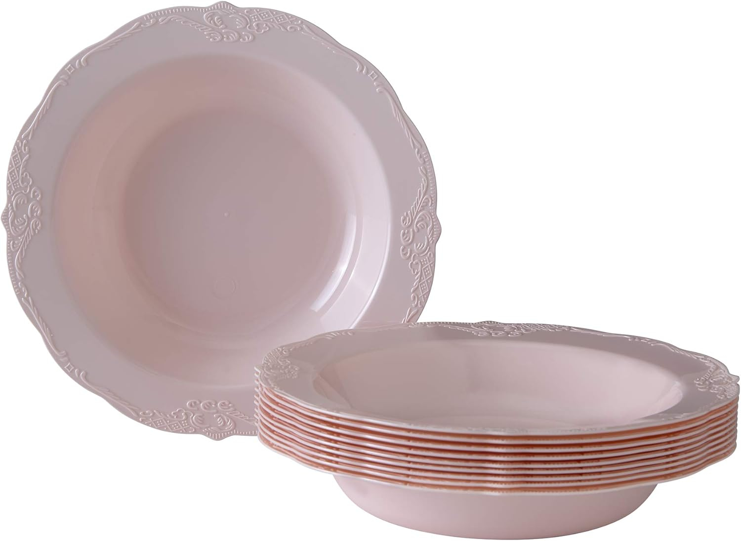 Blush Pink Vintage Design Plastic Soup Bowls, 12 oz, Set of 10