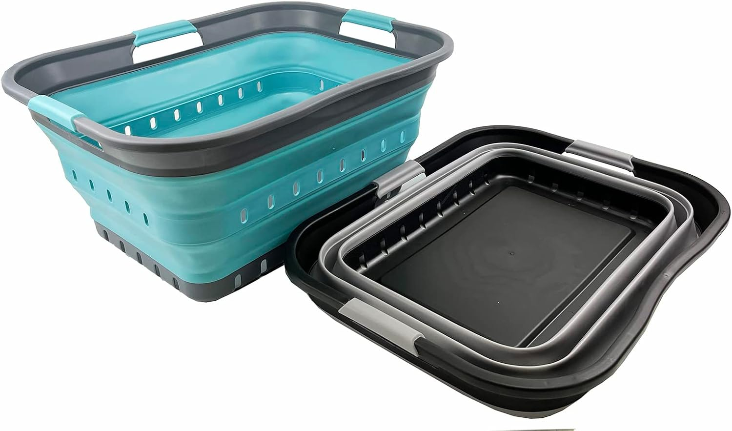 SAMMART 42L (11 gallon) Set of 2 Collapsible Plastic Laundry Basket - Foldable Pop Up Storage Container/Organizer - Portable Basket - Space Saving Hamper/Basket (Alloy Grey + Crystal Blue)