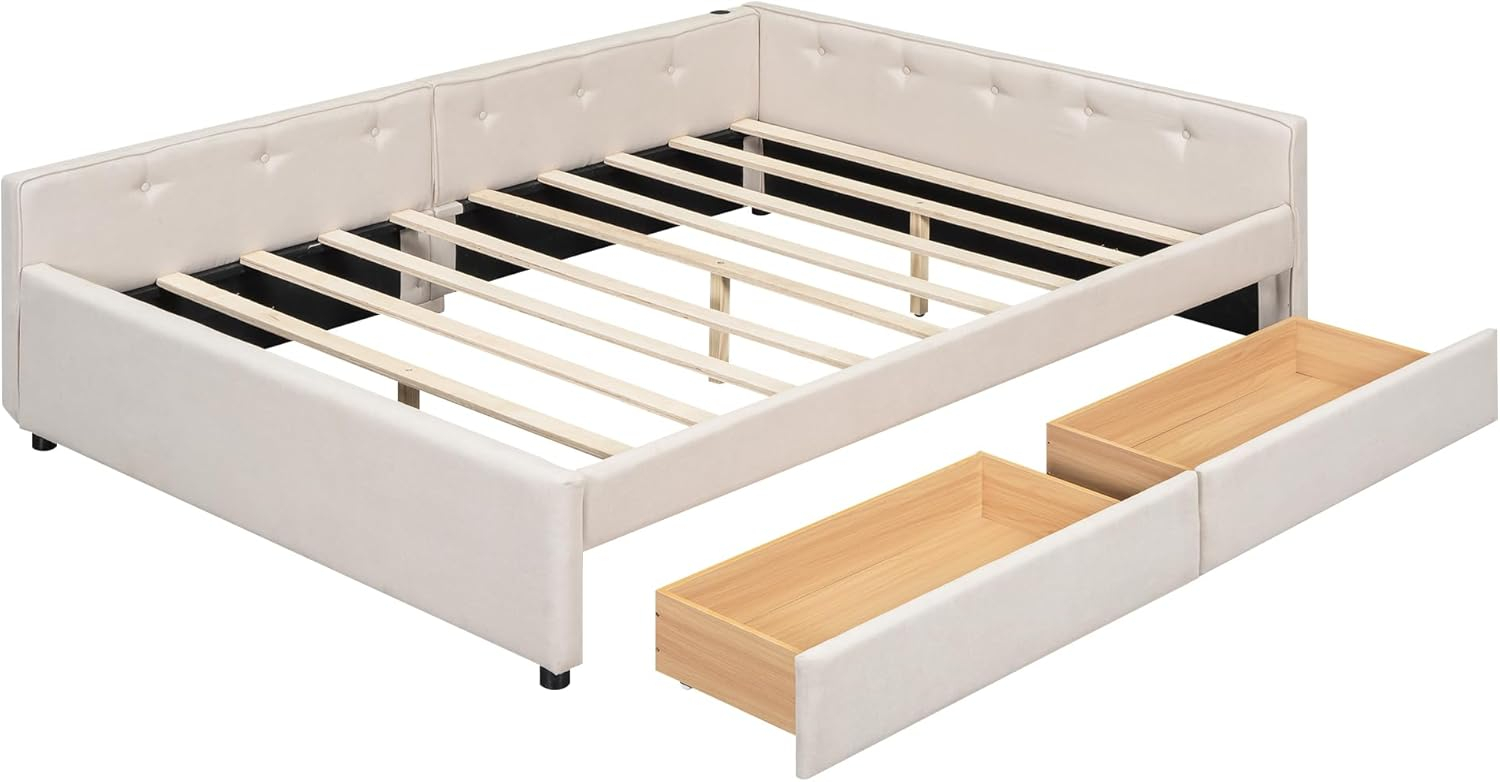 Beige Linen Upholstered Queen Bed Frame with Storage Drawers