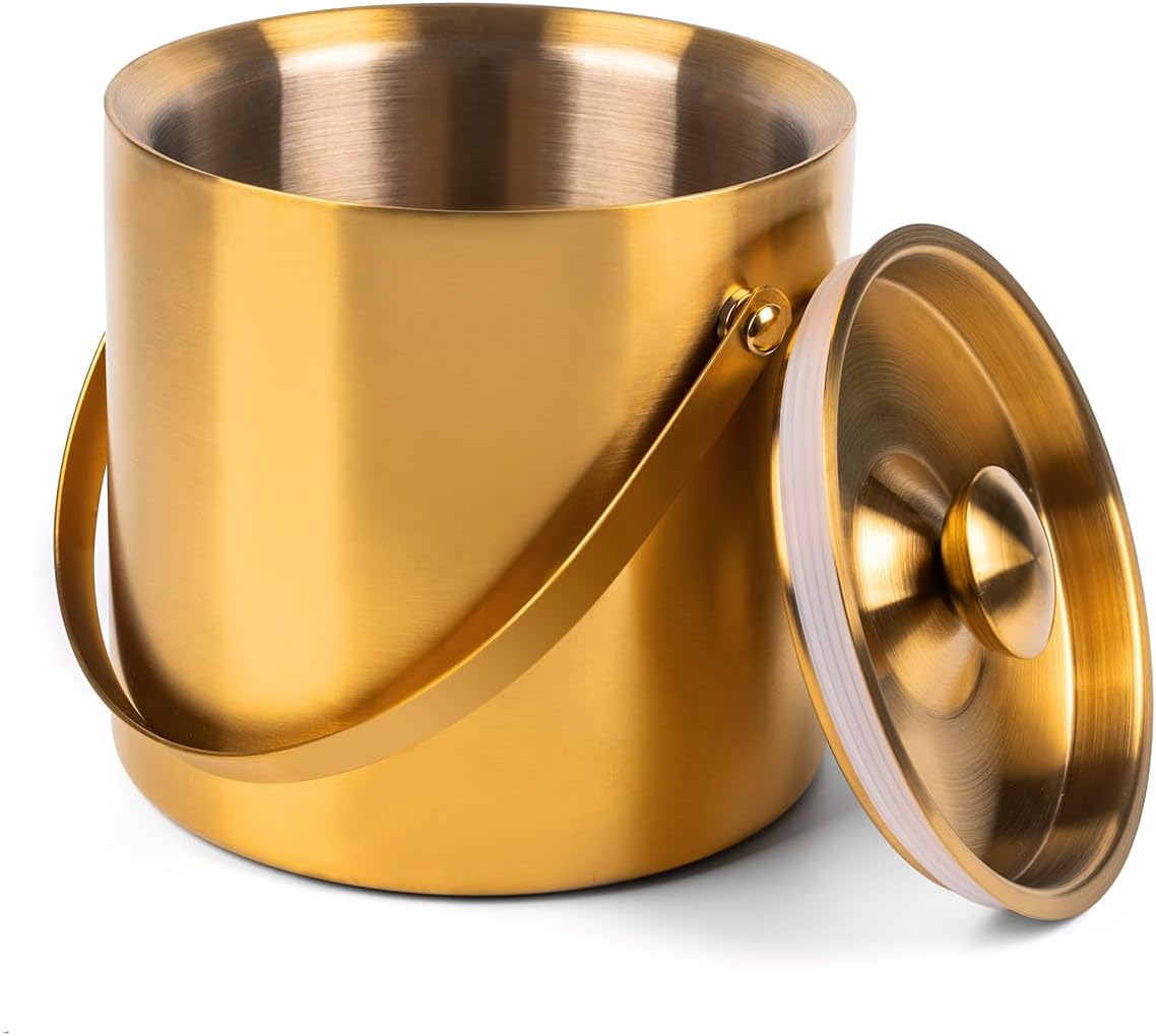 3L Double Wall Insulated Stainless Steel Ice Bucket with scoop & Strainer for Cocktail Bar,Metal Ice Bucket for freezer with Lid for parties.ice Container to Keep Ice Colder,bar cart accessories(gold)