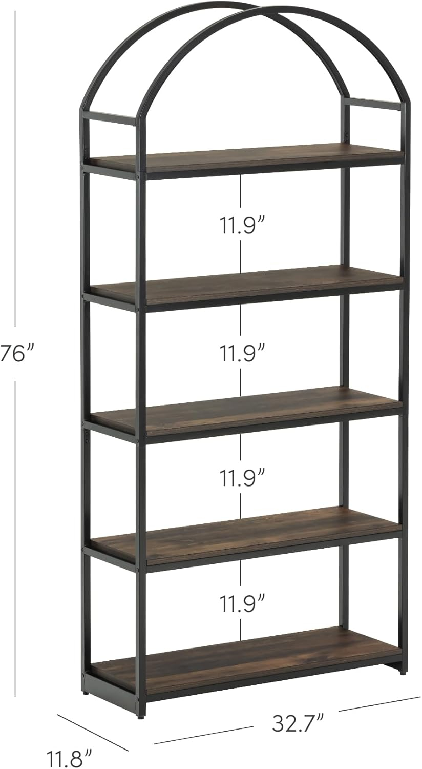 72" Black Matte Wood and Metal 5-Shelf Bookcase