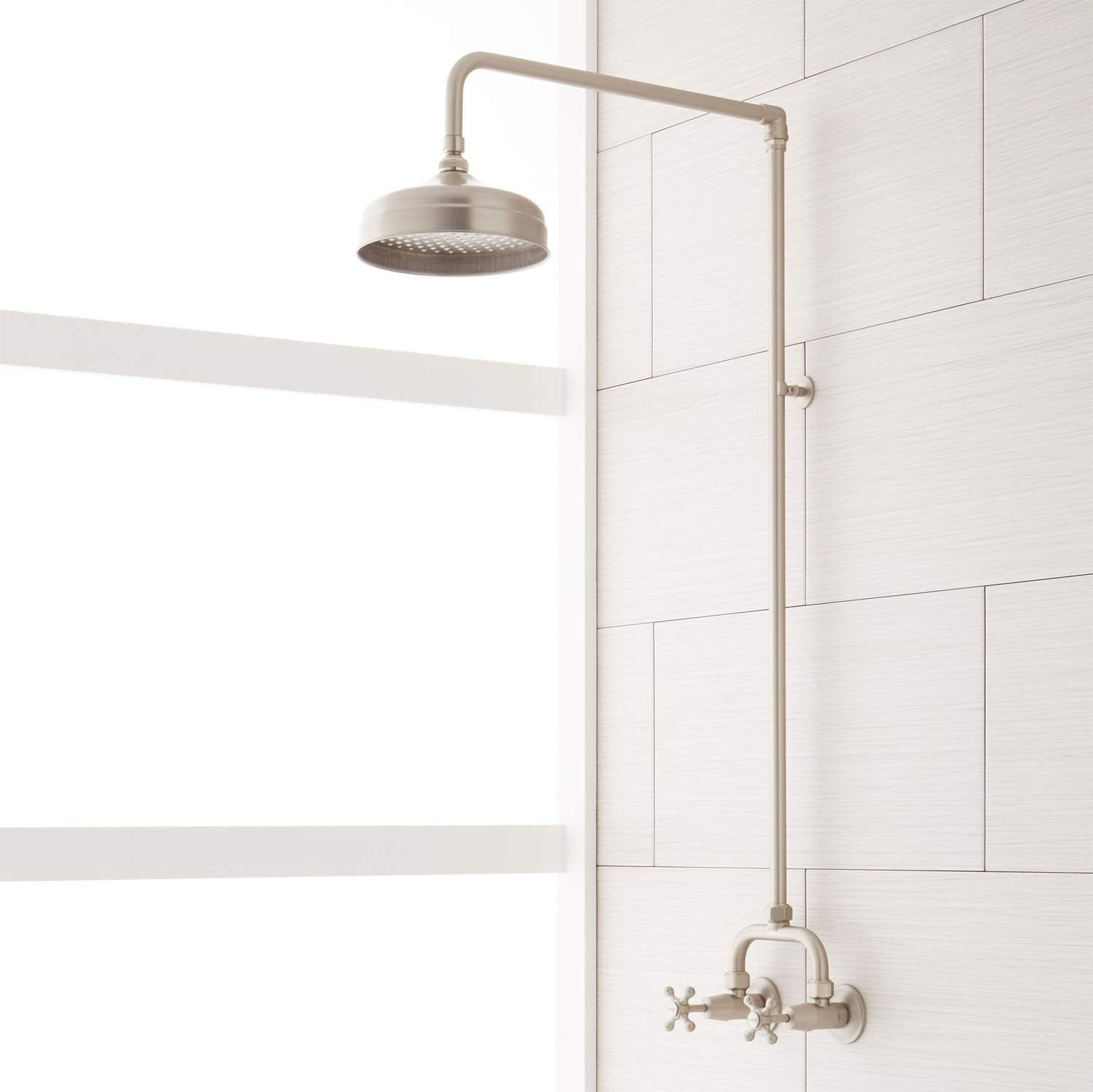 Brushed Nickel Wall Mounted Rain Shower System with Exposed Pipe