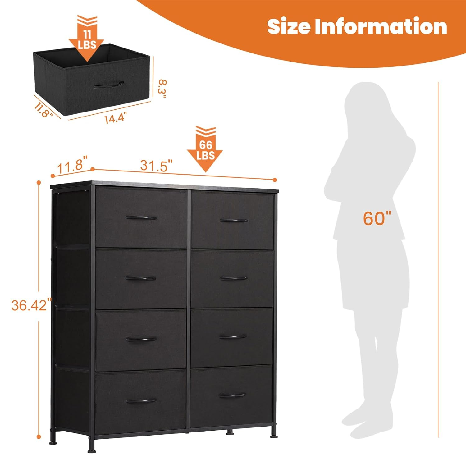 Dresser, Dresser for Bedroom Drawer Organizer Storage Drawers, Fabric Storage Tower with 8 Drawers, Chest of Drawers with Steel Frame, Wood Top for Nursery, Living Room, Closet