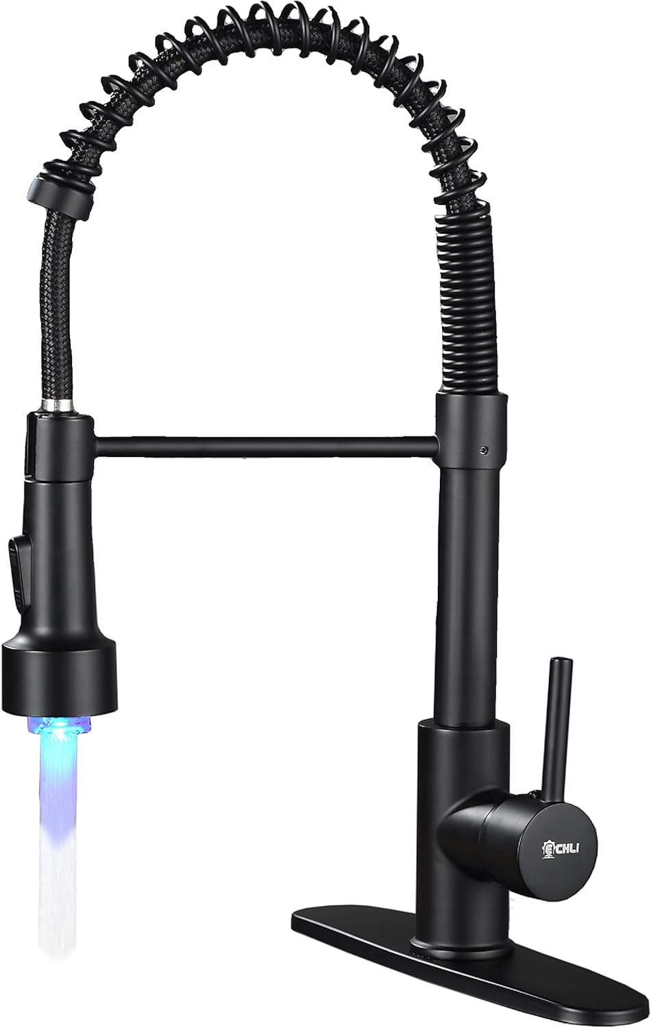 Kitchen Sink Faucet, Pull Down Spring Single Handle Stainless Steel Faucet with Sprayer with LED Light for bar Laundry and Utility Sink faucets (Matte Black)