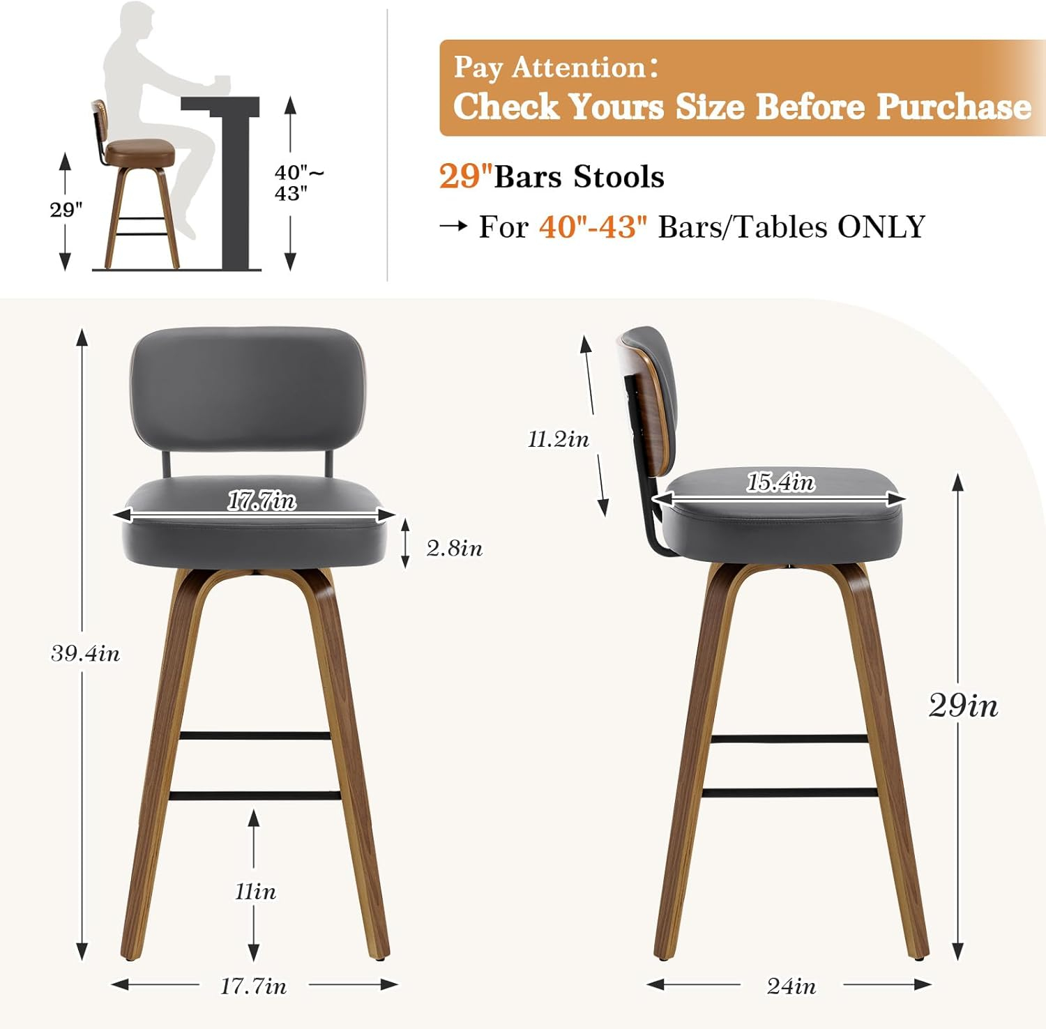 Grey Faux Leather Swivel Bar Stools with Wood Back
