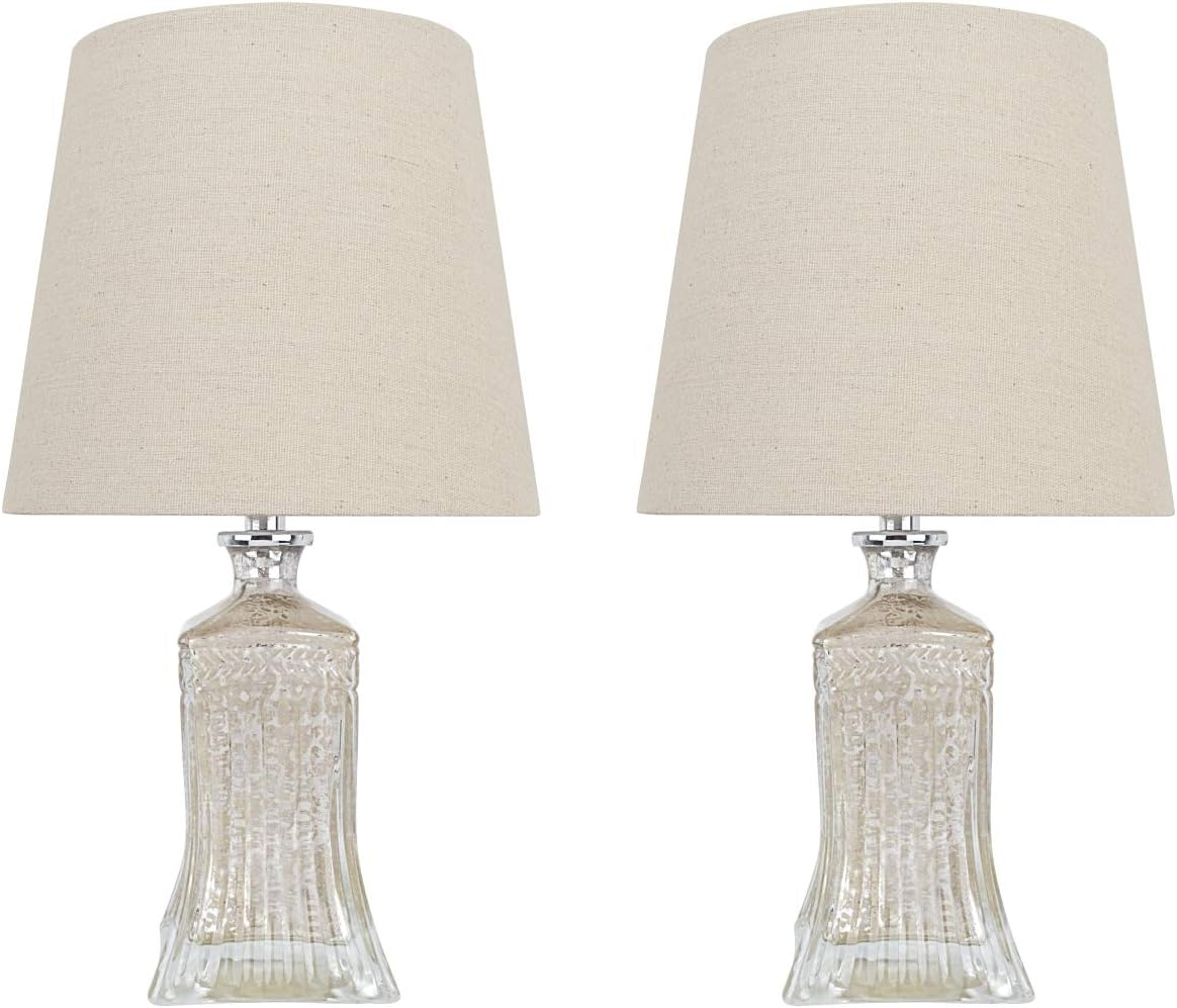 Aspen Creative 40203-12, Two Pack, 16-1/2" High Transitional Glass Table Lamp, Antique Mercury and Hardback Empire Shaped Lamp Shade in Khaki, 9" Wide