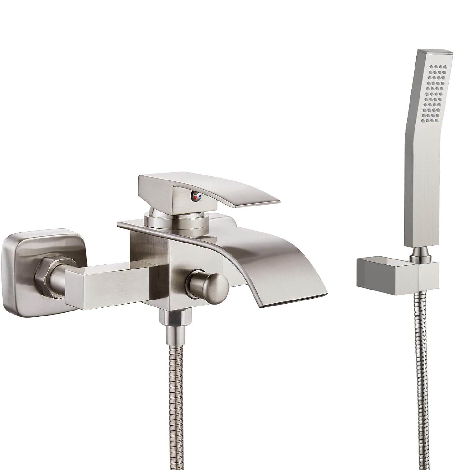Midanya Wall Mount Bathtub Faucet with Handheld Spray Waterfall Tub Filler Single Handle Bathroom Tub Mixer Tap Hand-Shower System with Curved Spout Commercial,Brushed Nickel