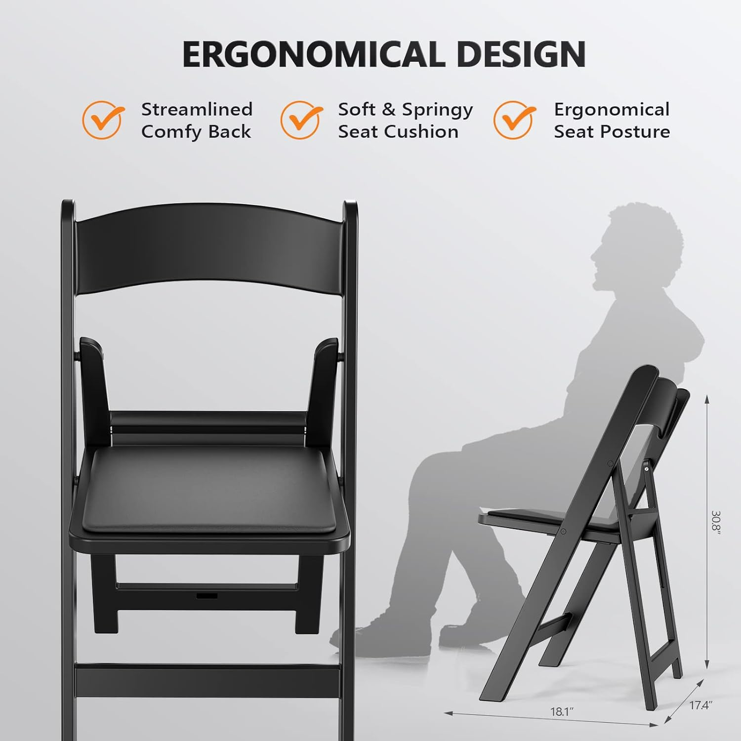 FCH Plastic Folding Chair with Padded Seat, Resin Foldable Chairs with Soft Cushion, Comfortable and Sturdy, Suitable for Indoor and Outdoor, Parties, Weddings, Commercial Events, Black, 1 Pack