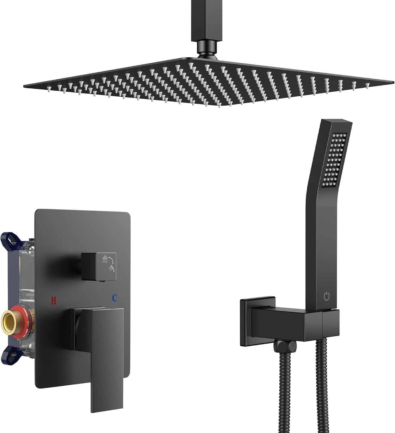 FORIOUS Shower Head System, 10 Inch Rain Shower Faucet Set with Handheld Spray Combo Rough-in Valve, Solid Brass Pressure Balanced Valve Trim Kit, Ceiling Mount, Matte Black