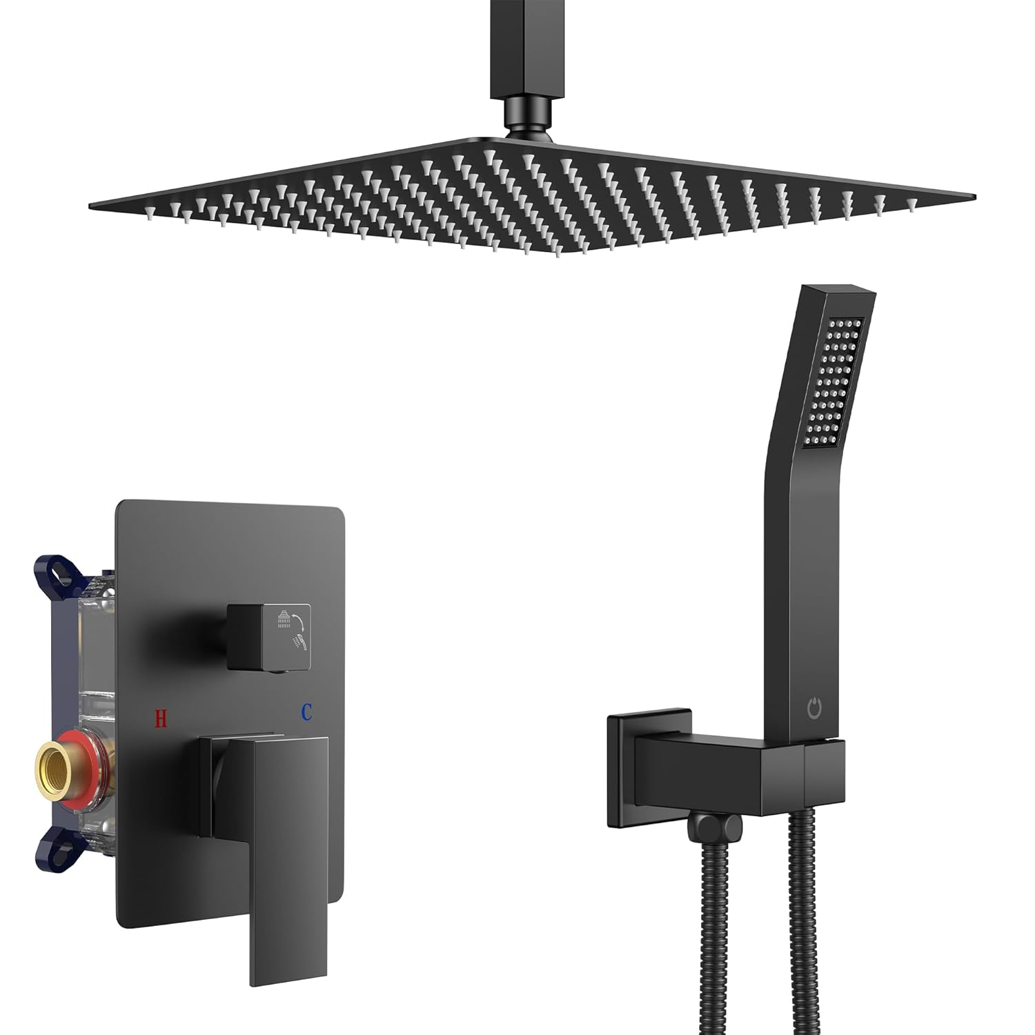 FORIOUS Shower Head System, 10 Inch Rain Shower Faucet Set with Handheld Spray Combo Rough-in Valve, Solid Brass Pressure Balanced Valve Trim Kit, Ceiling Mount, Matte Black