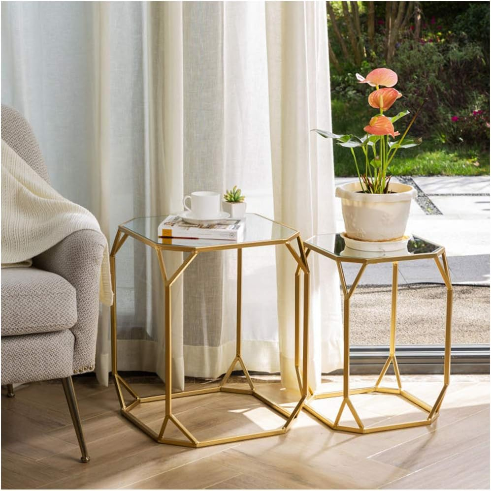 Glitzhome  Set of 2 Glam Glass Modern Side Table Sofa Table Octagon-Gold Octagon
