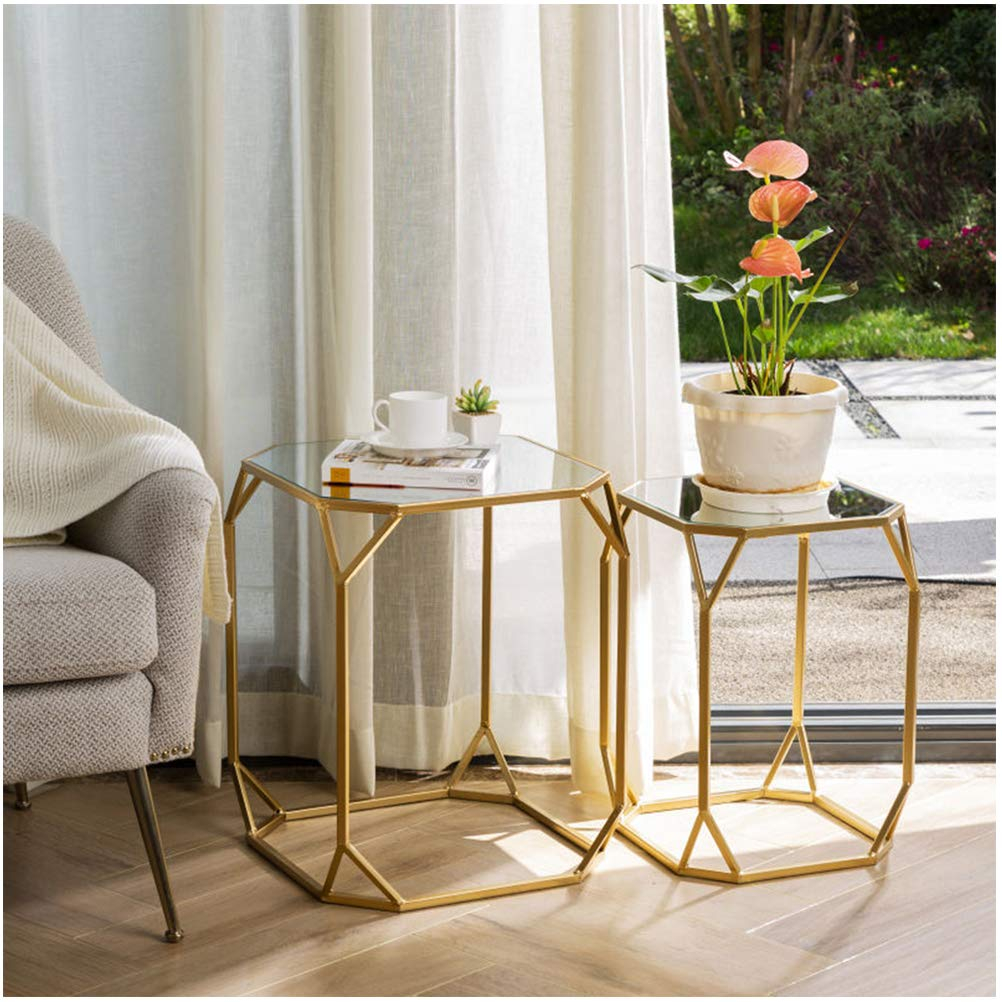 Glitzhome  Set of 2 Glam Glass Modern Side Table Sofa Table Octagon-Gold Octagon