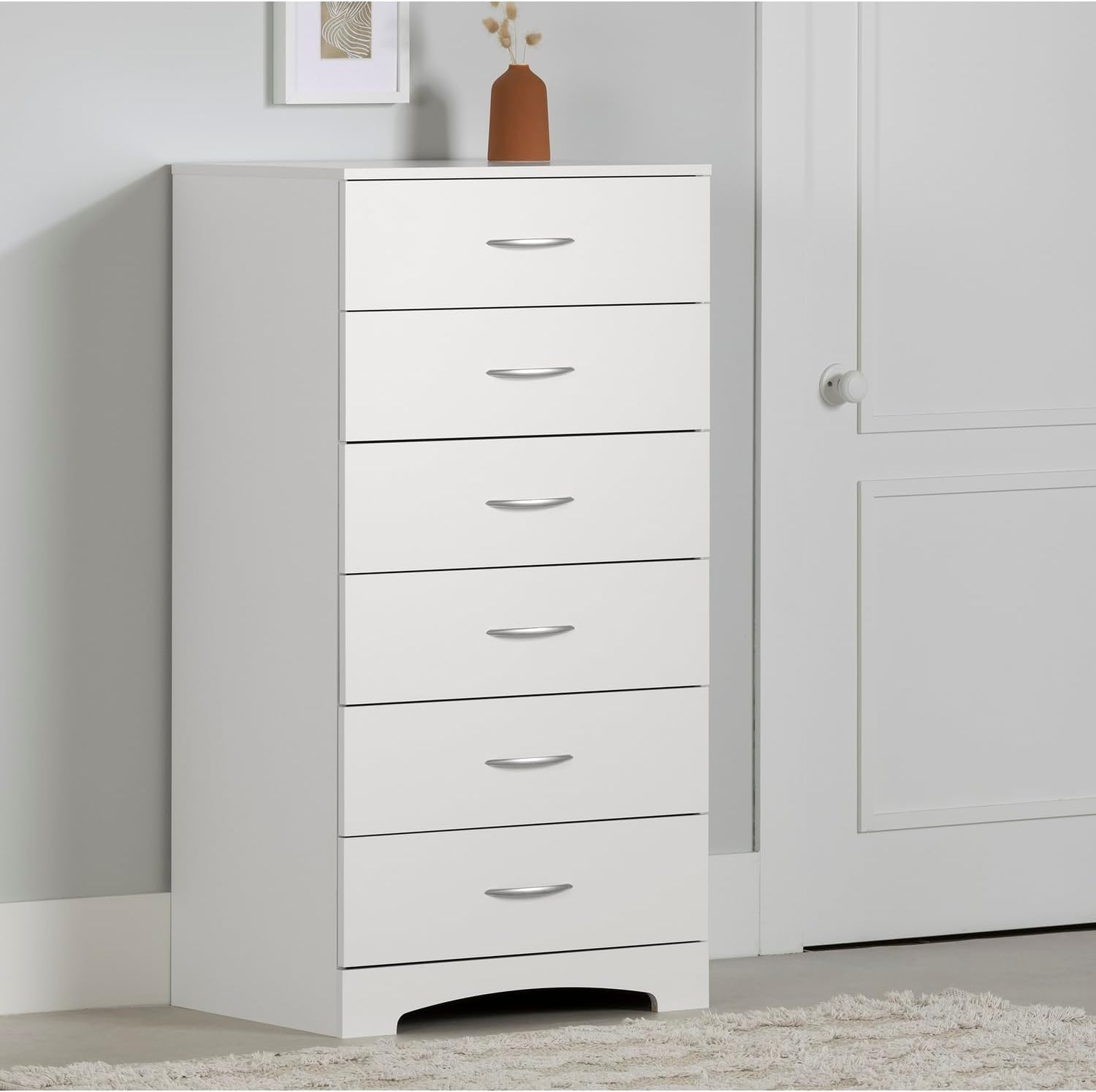 Pure White Soft-Close 6-Drawer Lingerie Chest with Curved Kick Plate