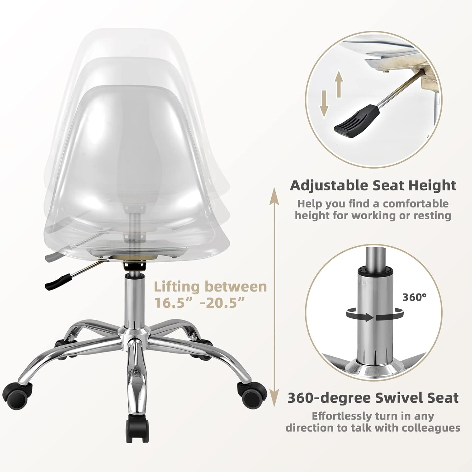 Giantex Acrylic Desk Chair, Clear Armless Office Rolling Chair, Height Adjustable Leisure Ghost Chair w/Chromed Base, Modern Cute Vanity Chair, Swivel Computer Chair for Home Office