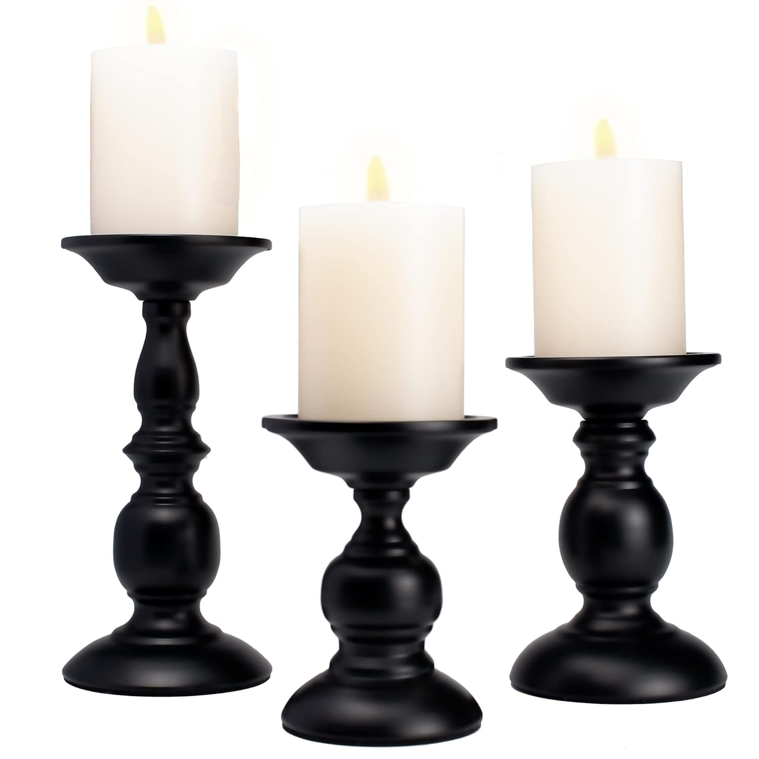 3 Pcs Black Metal Pillar Candle Holder, Iron Candle Stands, 5.3/6.8/9.1 Inches Tall Pillar Candle Holder Set,Scented Candle Stands, Retro Table Centerpiece Decor for Fireplace