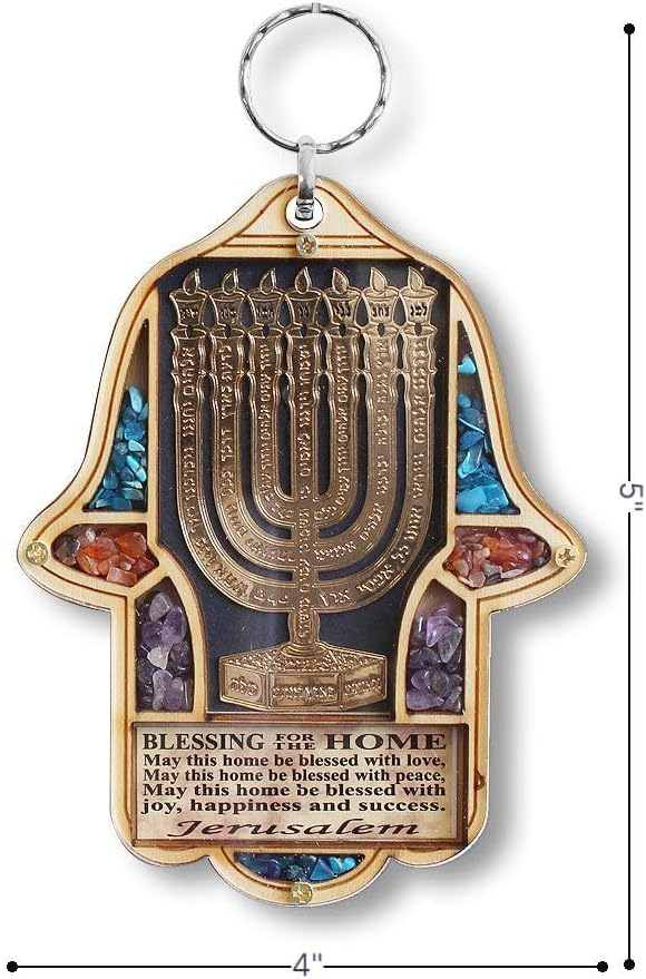Jewish Wooden Hamsa Menorah Blessing for Home - Good Luck Wall Decor with Simulated Gemstones