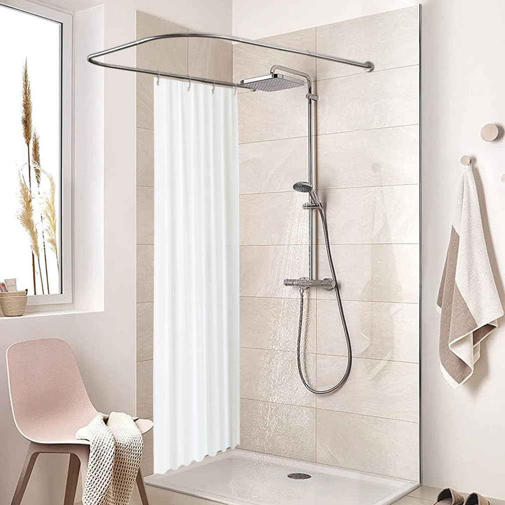 Hershii Adjustable Curved Shower Curtain Rod Wall Mounted U-Shaped Bathroom Corner Curtain Hanger Pole Bath Metal Shower Rail Bar (35.43-51.18) x 43.3 x(35.43-51.18) Inch, Drilling to Install