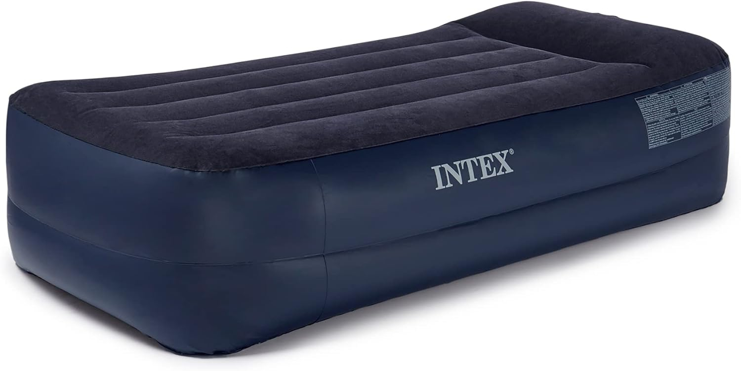 Intex Dura-Beam Pillow Rest Fiber Tech Air Mattress Bed w/ Built In Pump, Twin
