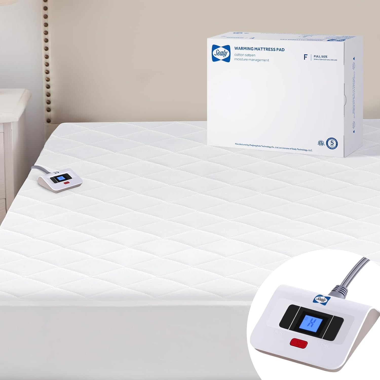 Full Size White Quilted Cotton Heated Mattress Pad