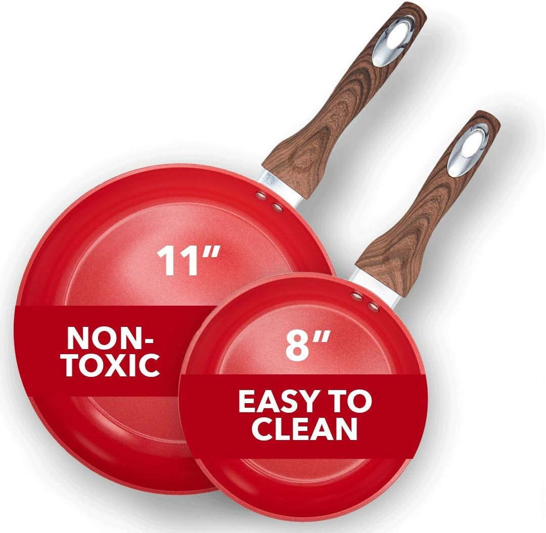 Phantom Chef 8” & 11” Frypan with Wood Handle and Aluminum Body – Red