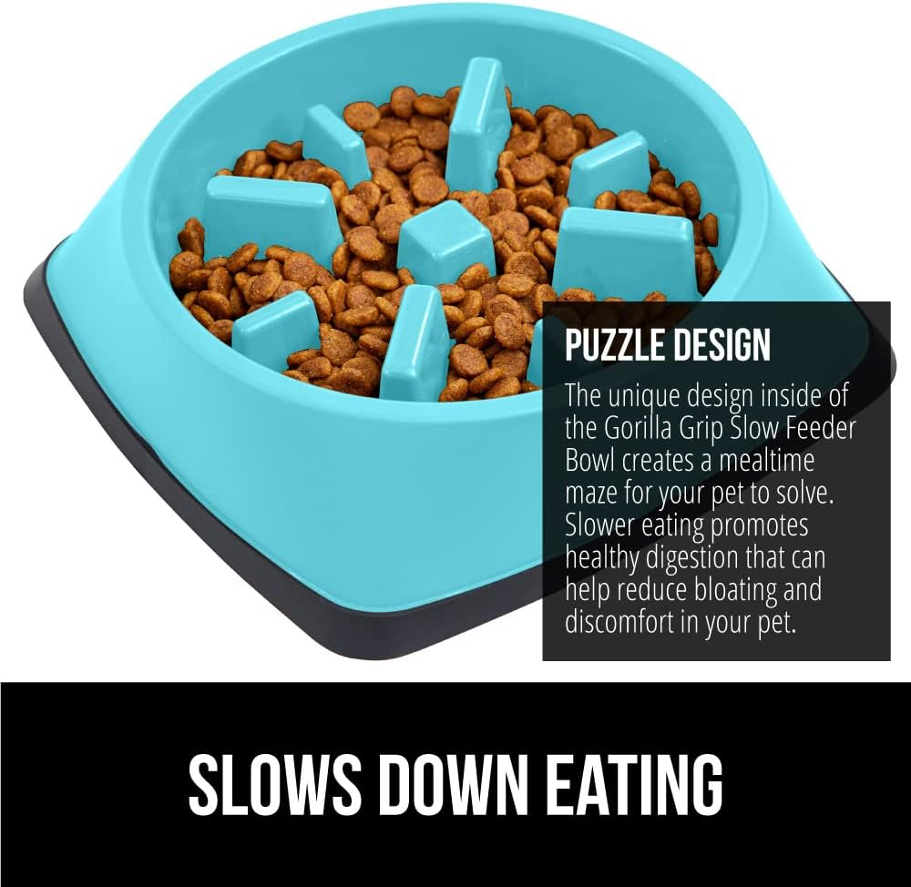 Gorilla Grip Slip Resistant Slow Feeder Dog Bowl,4 Cups,Slows Down Pets Eating,Prevents Overeating,Feed Small&Large Breed Puppy,Puzzle Design,Dogs Pet Bowls for Dry&Wet Food,Turquoise,4 Cup.