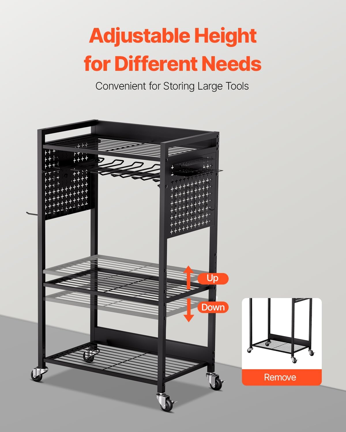 VEVOR 4-Tier Tool Organizer Cart, 150 lbs Load Capacity, Floor Stand Rolling Drill Holder and Stability Storage Rack, Heavy Duty Garage Floor Rolling Storage Cart for Workshop, Garage, Black