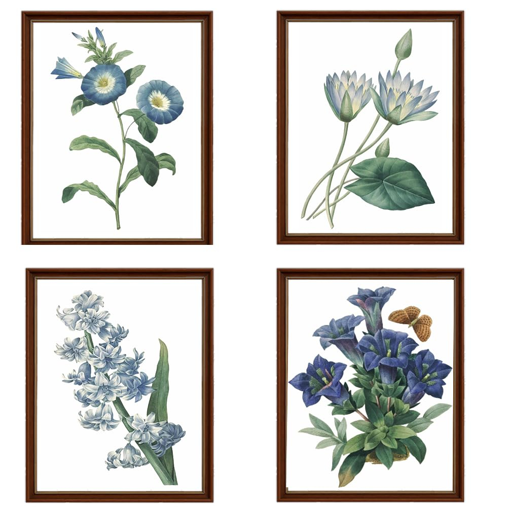 Blue Flower Canvas Wall Art Print, Vintage Floral Botanical Decor Antique Botany Poster, Blue Tone Morning Glory Water Lily Hyacinth Gentian Decorate for Office, Set of 4 ,8 X 10 In Unframed